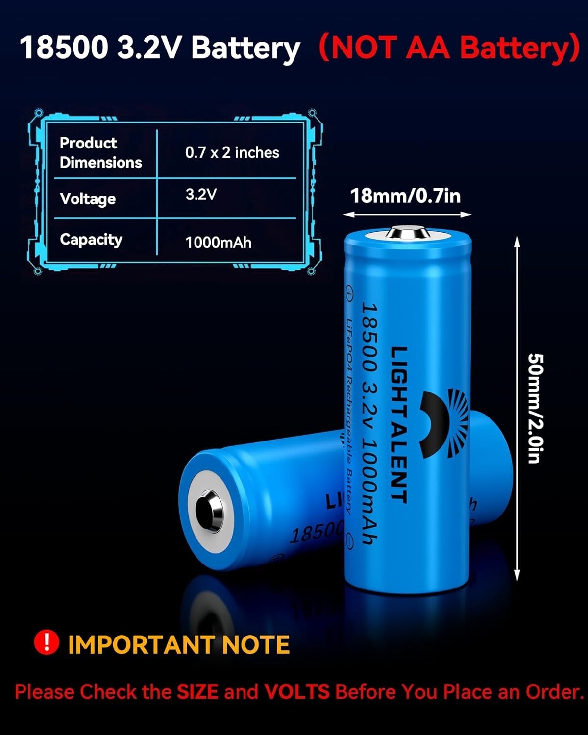 18500 3.2V Rechargeable Battery LifePO4 18500 1000Mah 3.2Wh Solar Batteries 4Pk