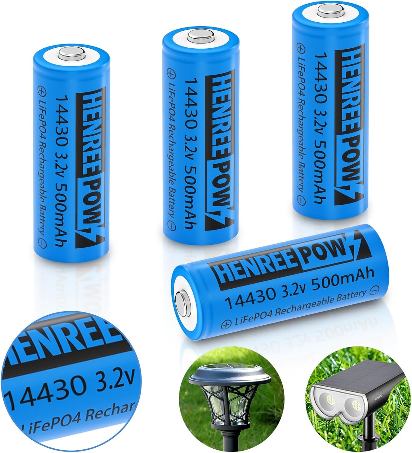 Henreepow 14430 3.2v Rechargeable Solar Batteries, 500mAh LiFePO4 Lithium…