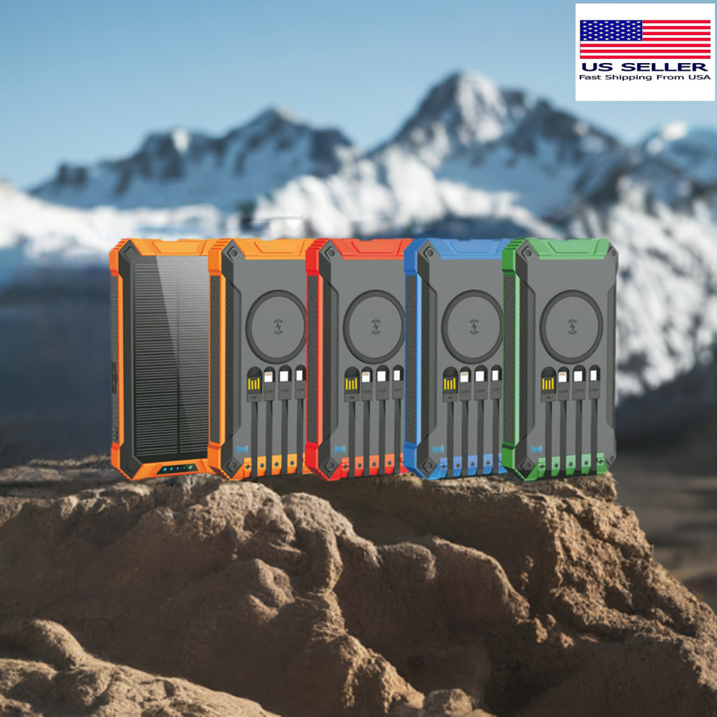 2025 Solar Charger Power Bank Qi Wireless 4 iOS Type-C USB Cables iPhone Android