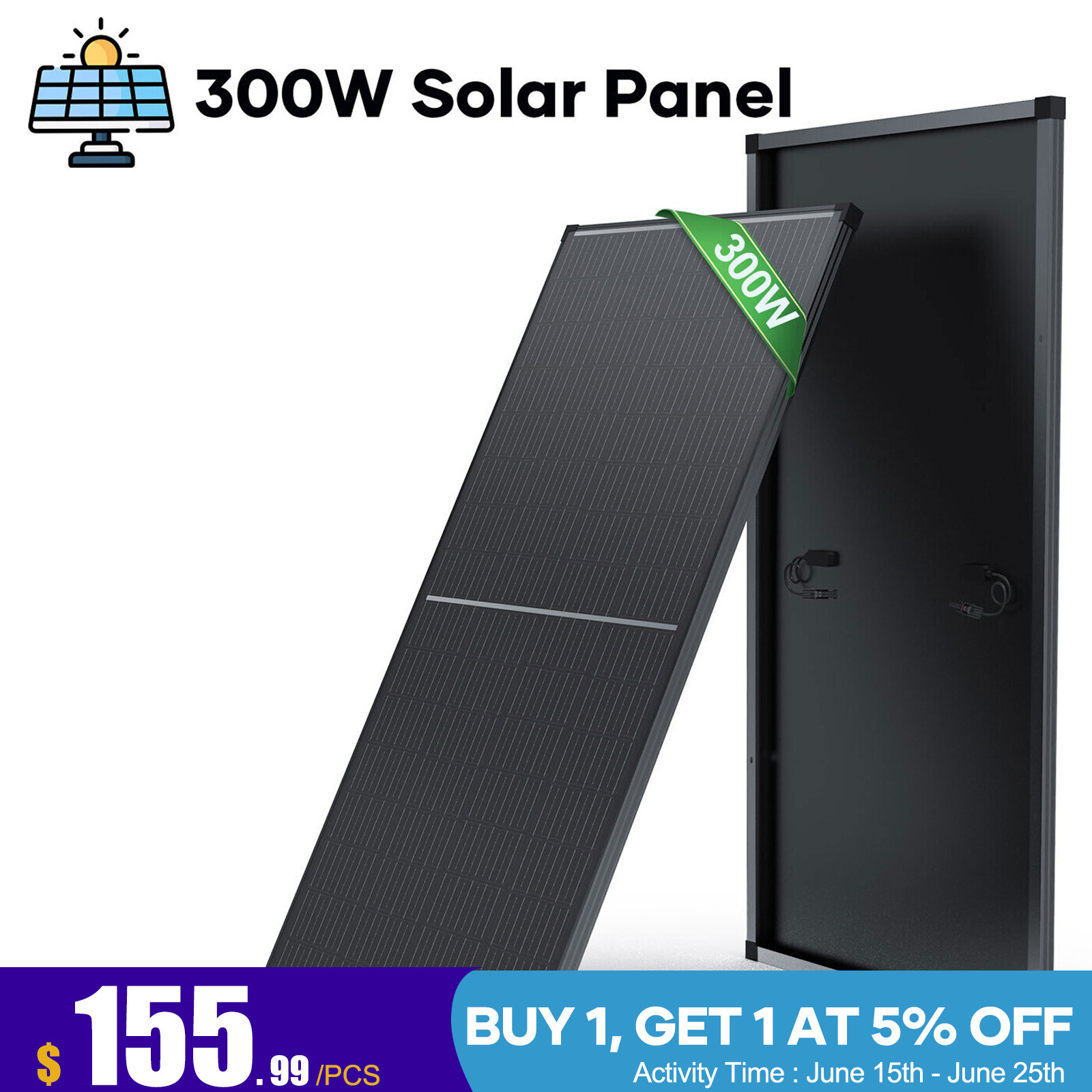 300W 12V/24V Watt Solar Panel Mono 12/24V Charging Camping Home Off-Grid RV Boat