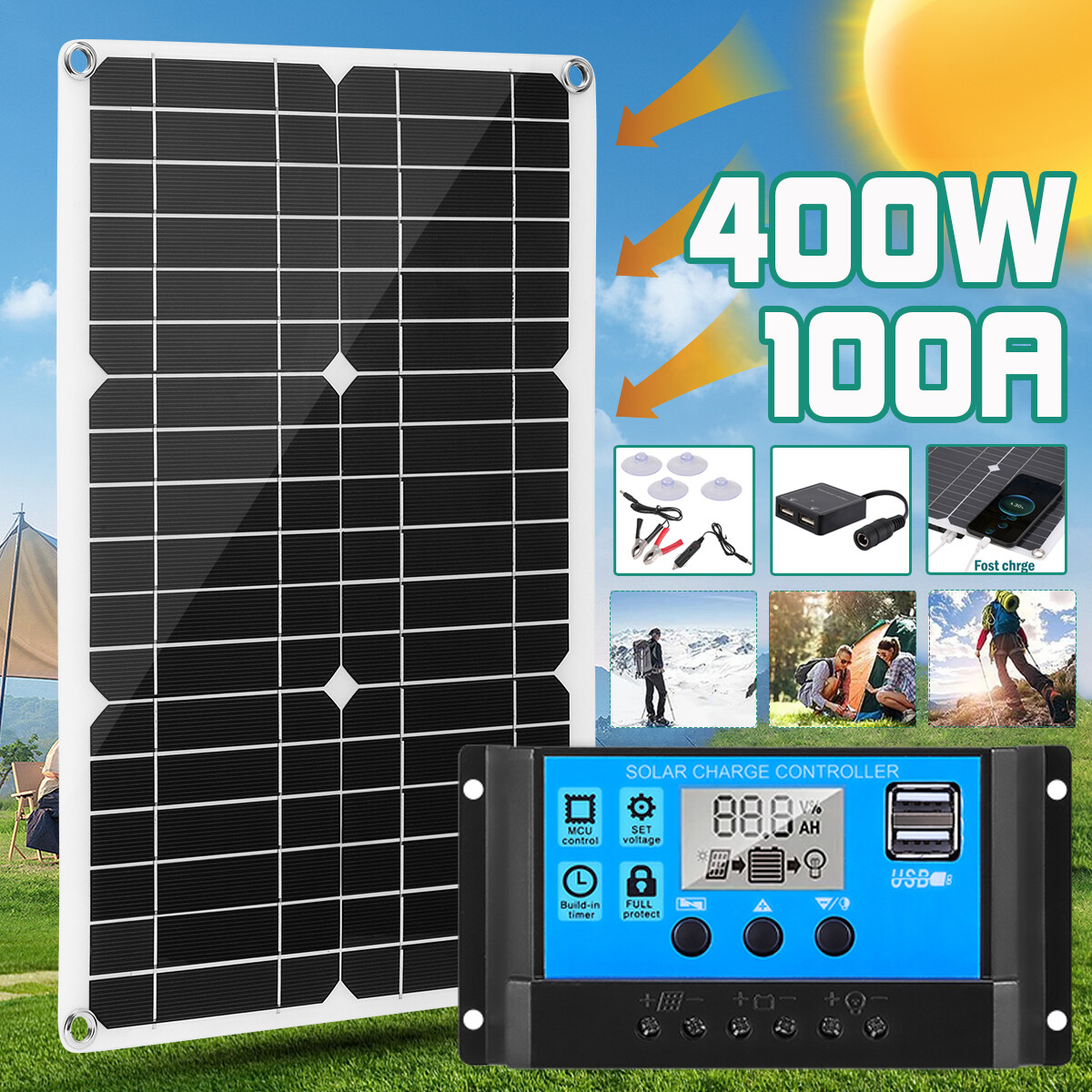 400 Watts Solar Panel Kit 100A 12V Battery Charger w/ Controller Caravan Boat RV
