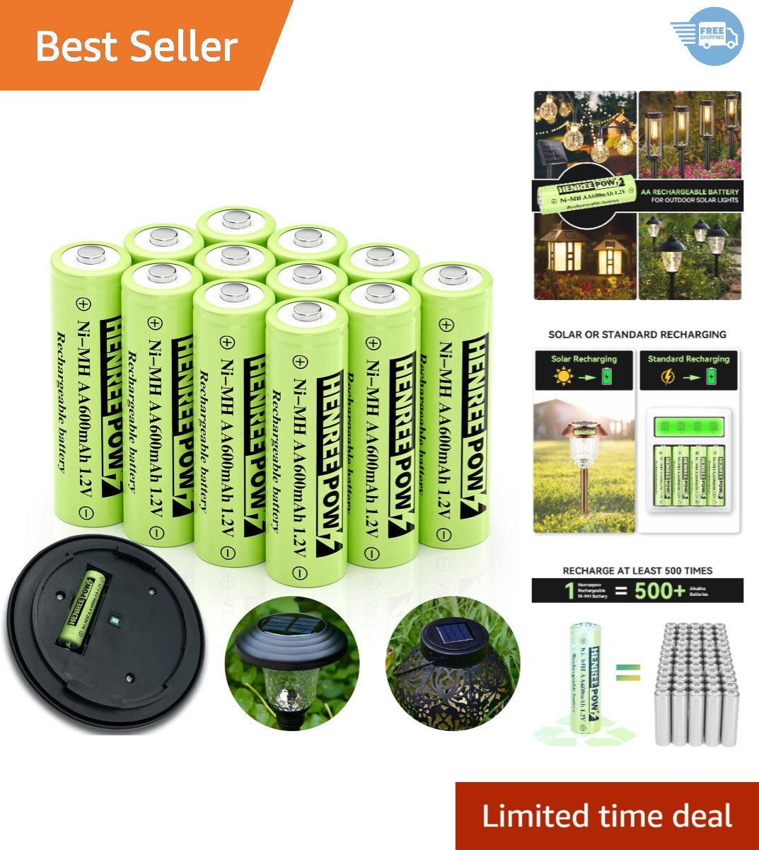 12-Pack Rechargeable AA 1.2V Ni-MH Solar Batteries – 600mAh for Outdoor Lights