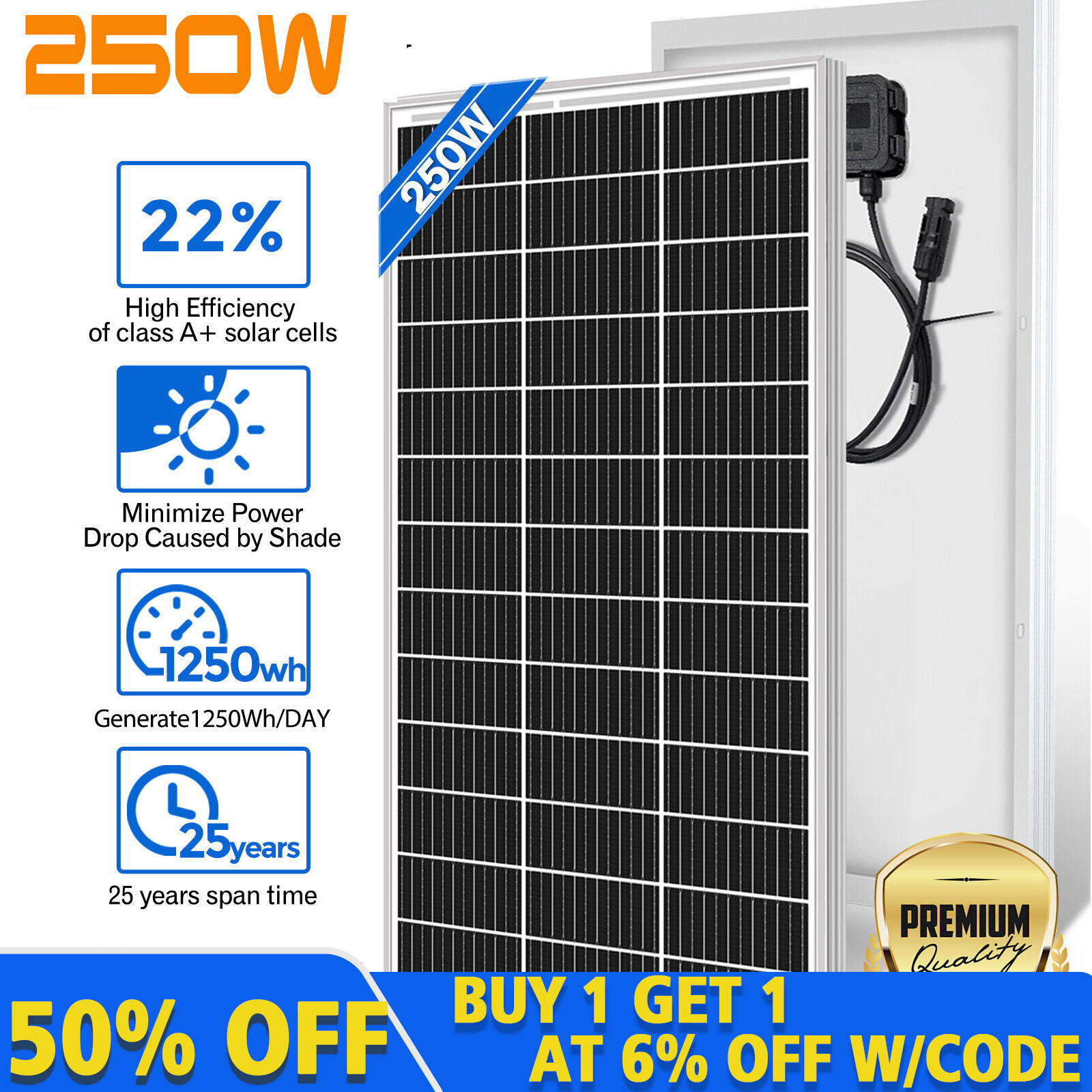 12V 250W Watt Mono Solar Panel Power RV Camping Home Boat Camp Off Grid 12BB New
