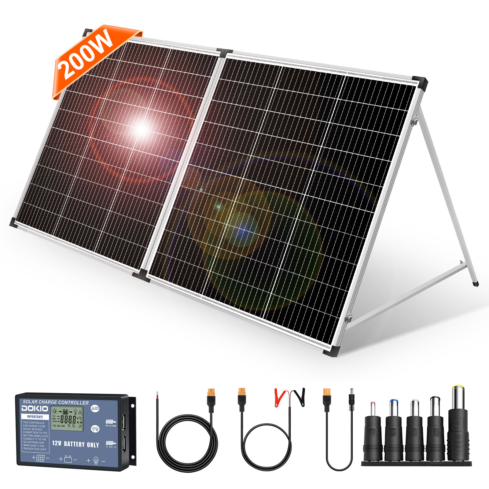 Dokio 200W Portable Foldable Solar Panel Kit for Car Battery/RV/Garden/Home