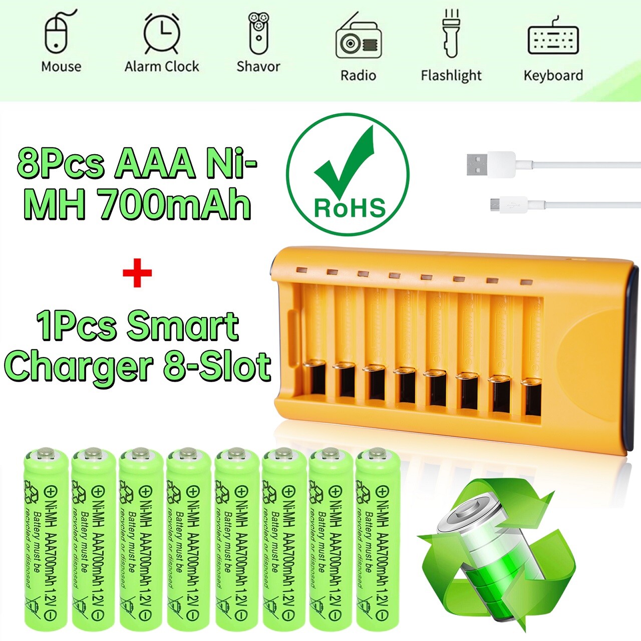 8Pcs 1.2V AAA Ni-MH Battery Rechargeable Batteries for Solar Light with Charger