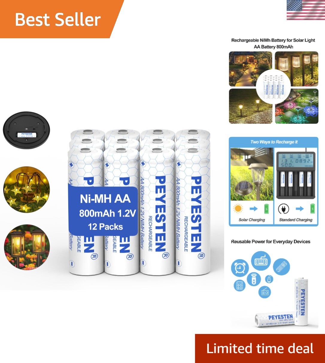 Cost-Effective 800mAh AA Rechargeable Batteries for Solar Lights – Pack of 12