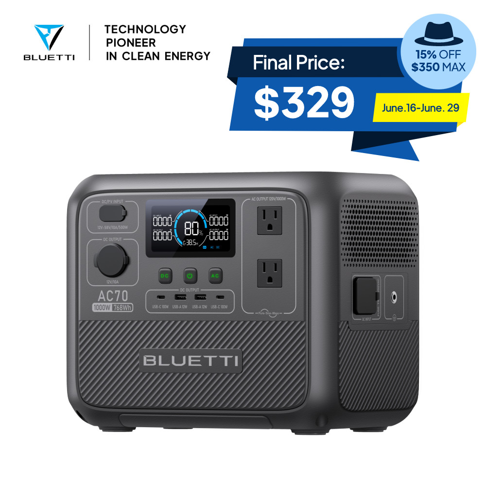 BLUETTI AC70 1000W 768Wh Portable Power Station Solar Generator for Camping Trip