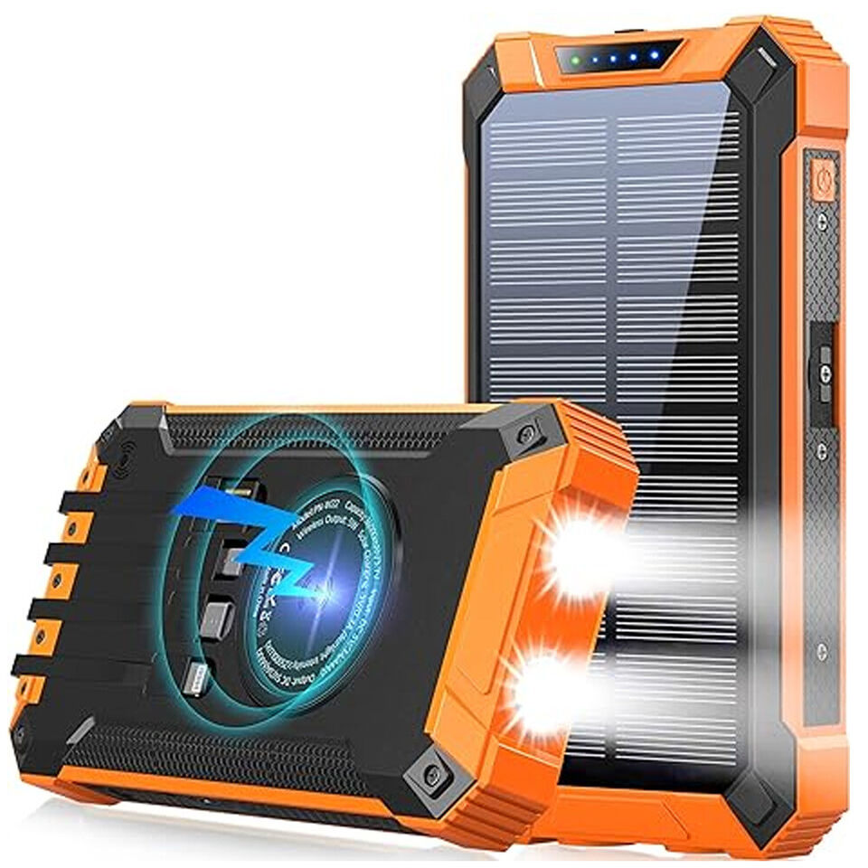 Solar Power Bank Wireless Charger 42800mAh Built in 4 Cables USB Fast Charging