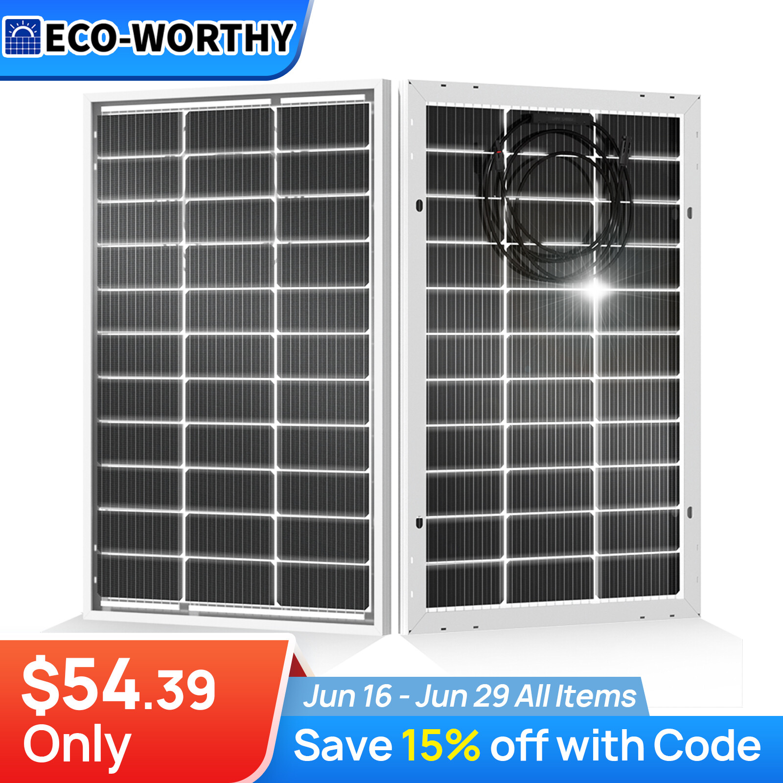 ECO-WORTHY Bifacial 100W Watt 12V Solar Panel Monocrystalline 12BB For Home RV