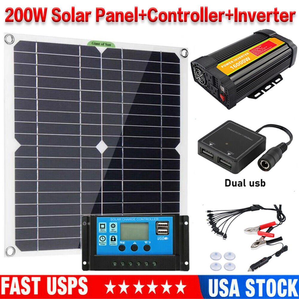 16000W Inverter 200W Solar Panel Kit 12V 100A Battery Charger with Controller US