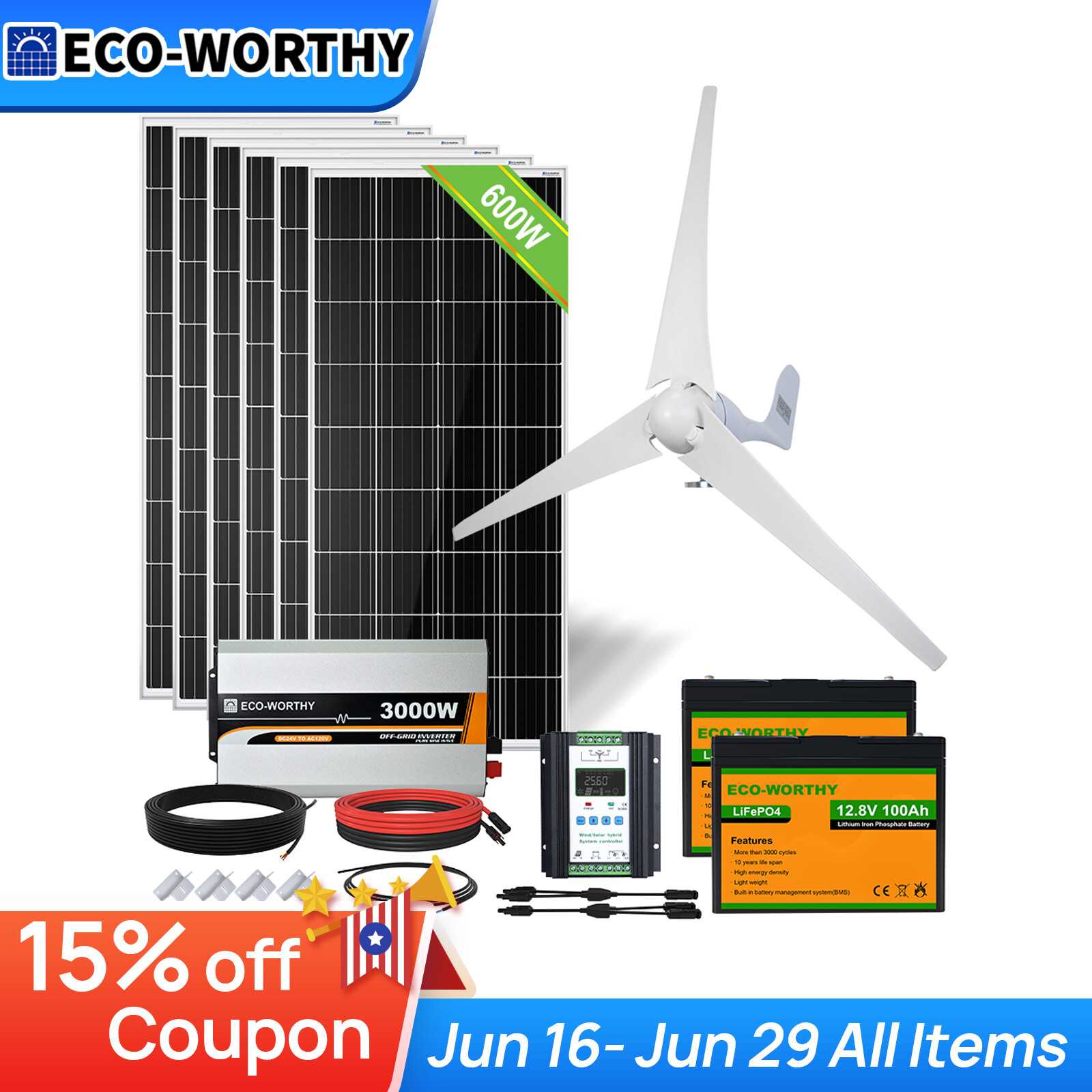 ECO-WORTHY 1000W 600W Wind Turbine Generator & Solar Panel Kit For Home Boat Rv