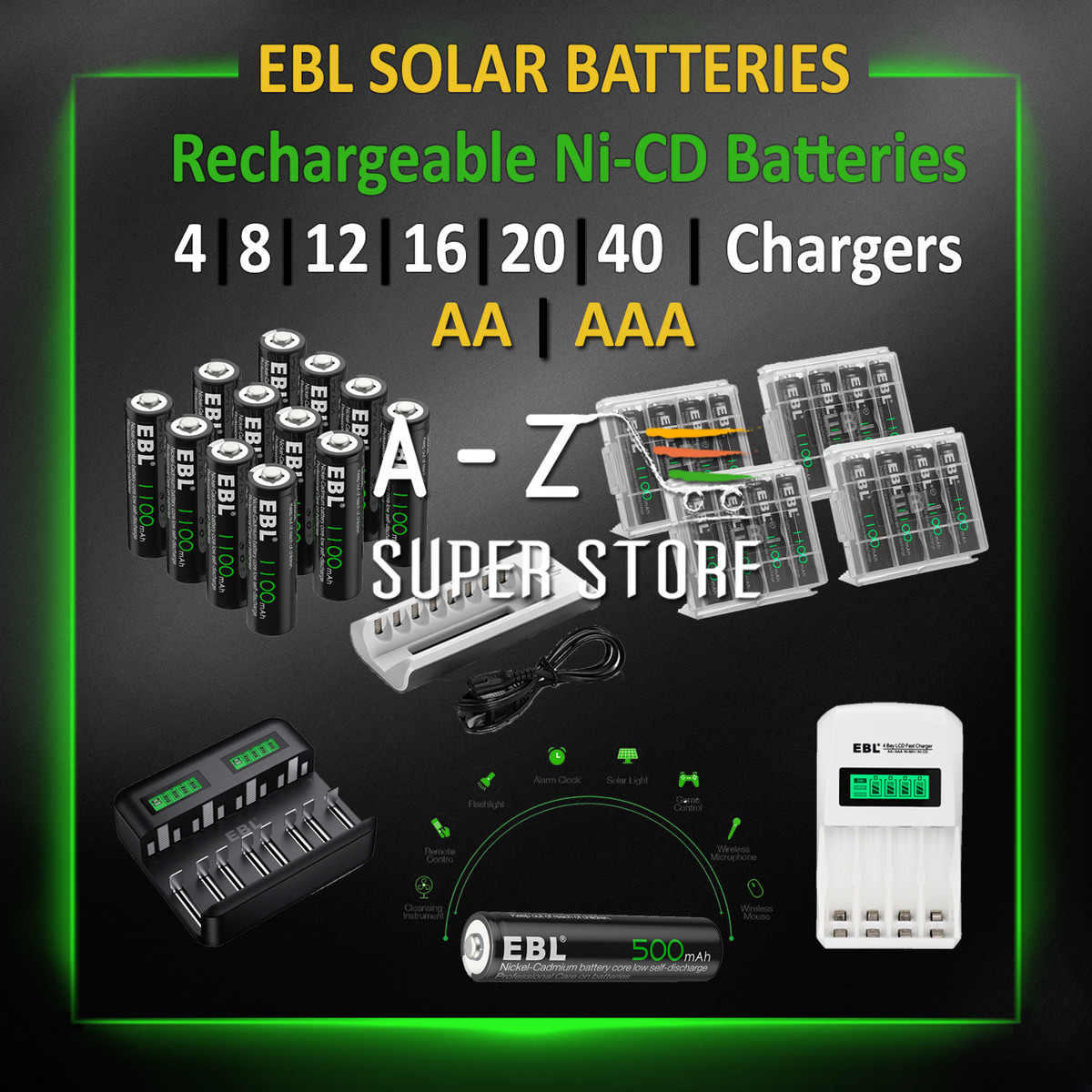 EBL Solar Rechargeable Batteries AA or AAA NiCD 500mAh or 1100mAh All Count lot