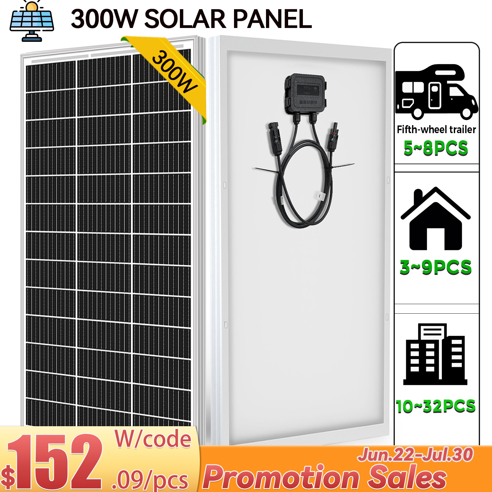 300W 12V Watt Monocrystalline Solar Panel Home RV Car Off Grid Battery Power PV