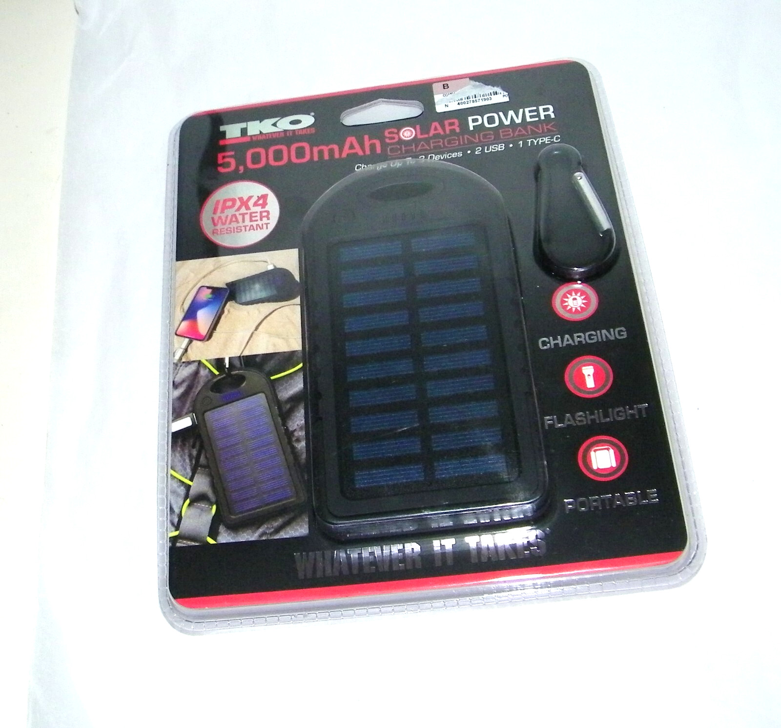 TKO 5000mAh Dual USB Waterproof Solar Power Bank Battery Charger NEW Sealed