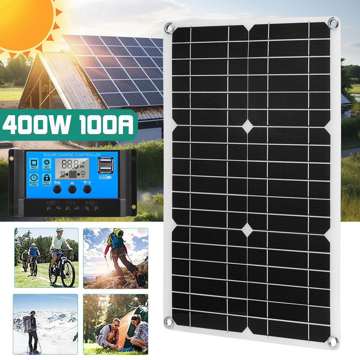 400 Watts Solar Panel Kit 100A 12V Battery Charger w/ Controller Caravan Boat RV