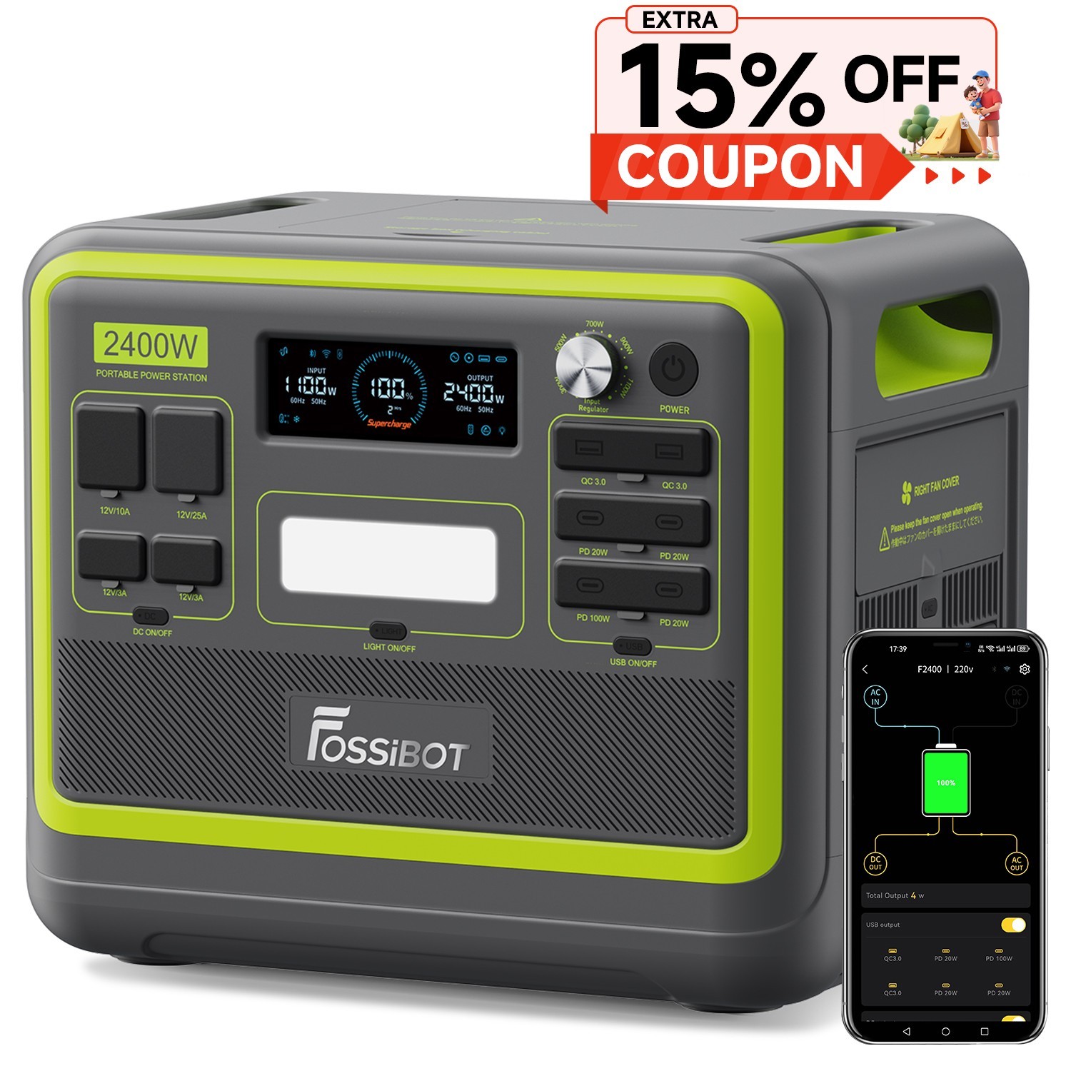 FOSSiBOT F2400 2048Wh Portable Power Station LFP, Solar Generator for Backup