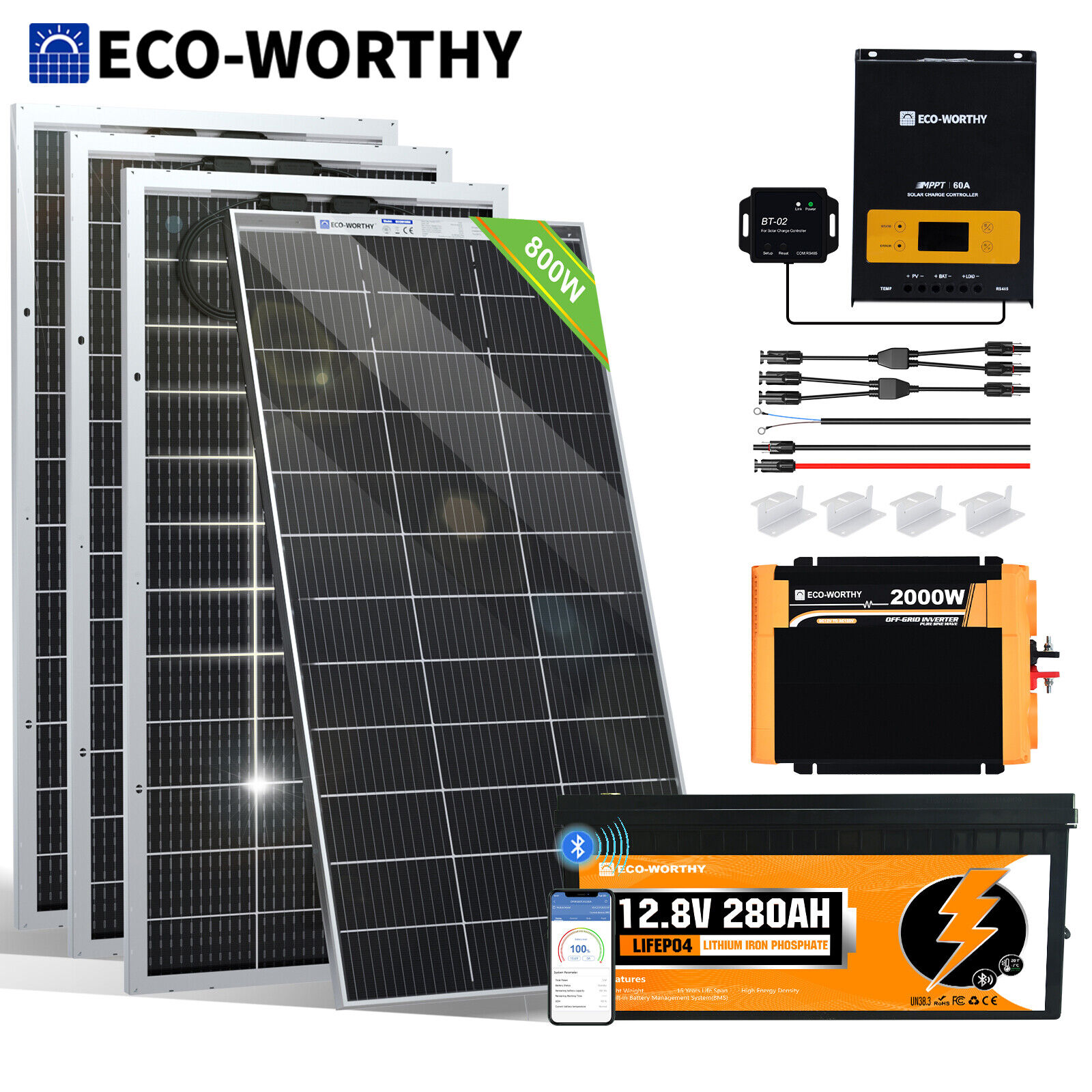 ECO-WORTHY 200W 400W 800W Watt 12V Solar Panel Kit LiFePO4 Battery Home Off Grid
