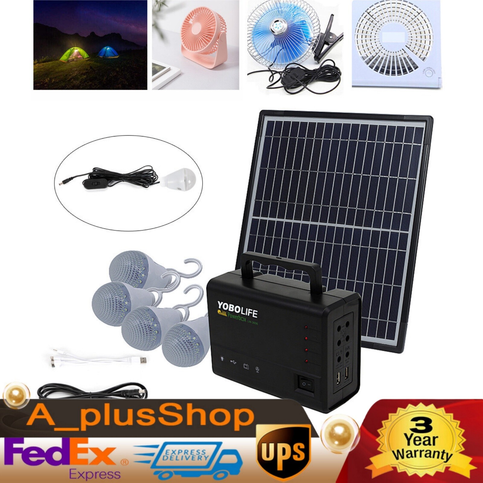 Portable Solar Panel Power Generator Kit Battery Pack Power Station w/4 Bulbs US
