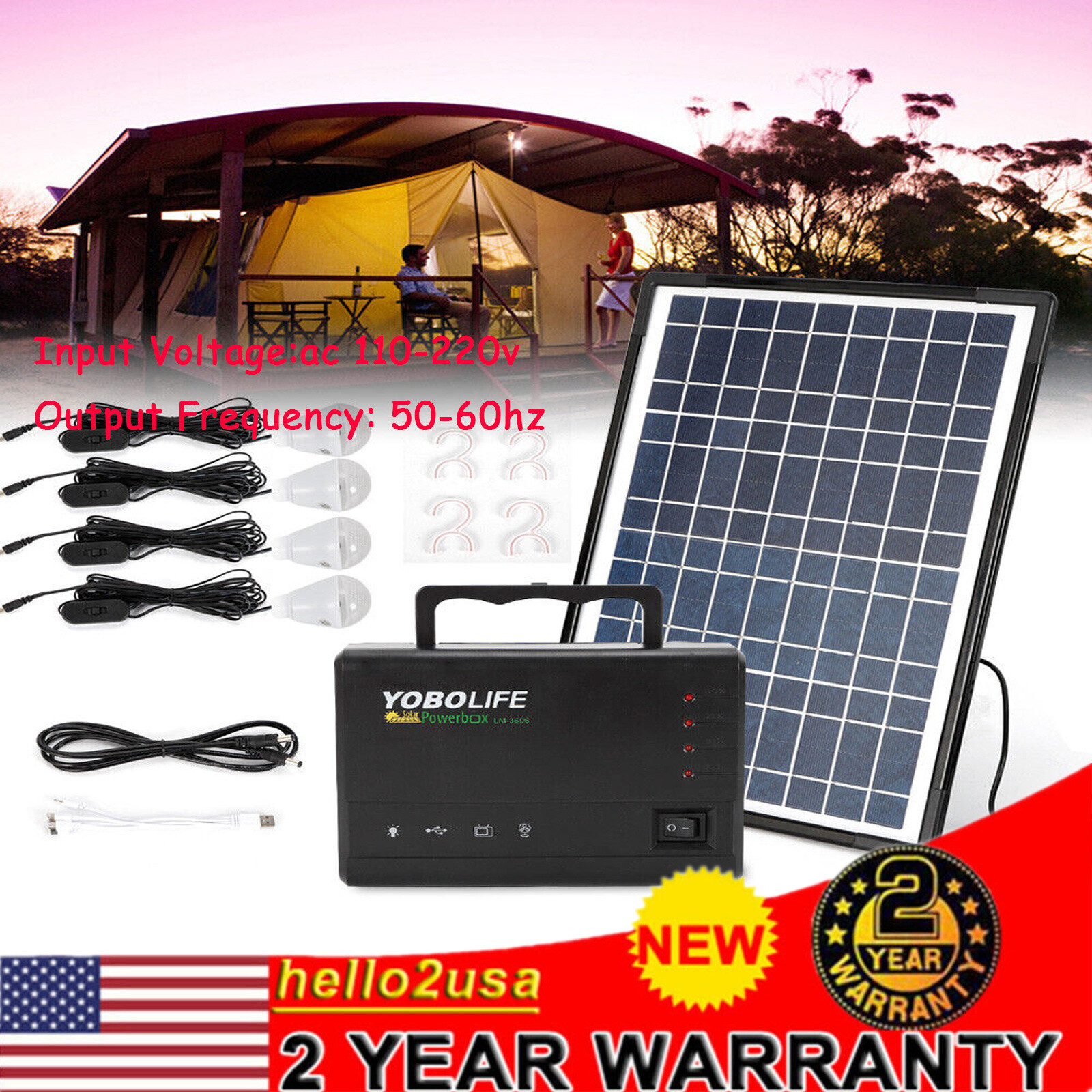 Solar Panel Power Generator Kit Battery Pack Power Station w/ 4 Bulbs Portable