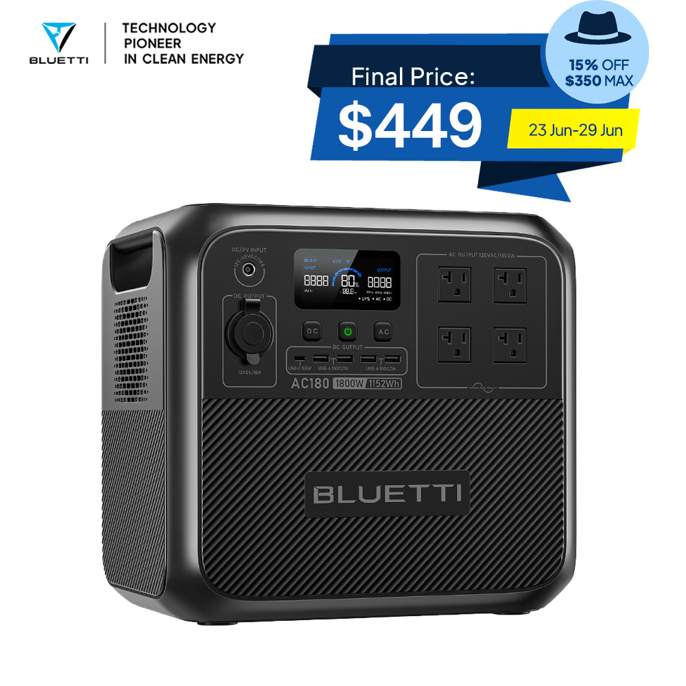 BLUETTI AC180 1800W 1152Wh Portable Power Station Solar Generator for Emergency