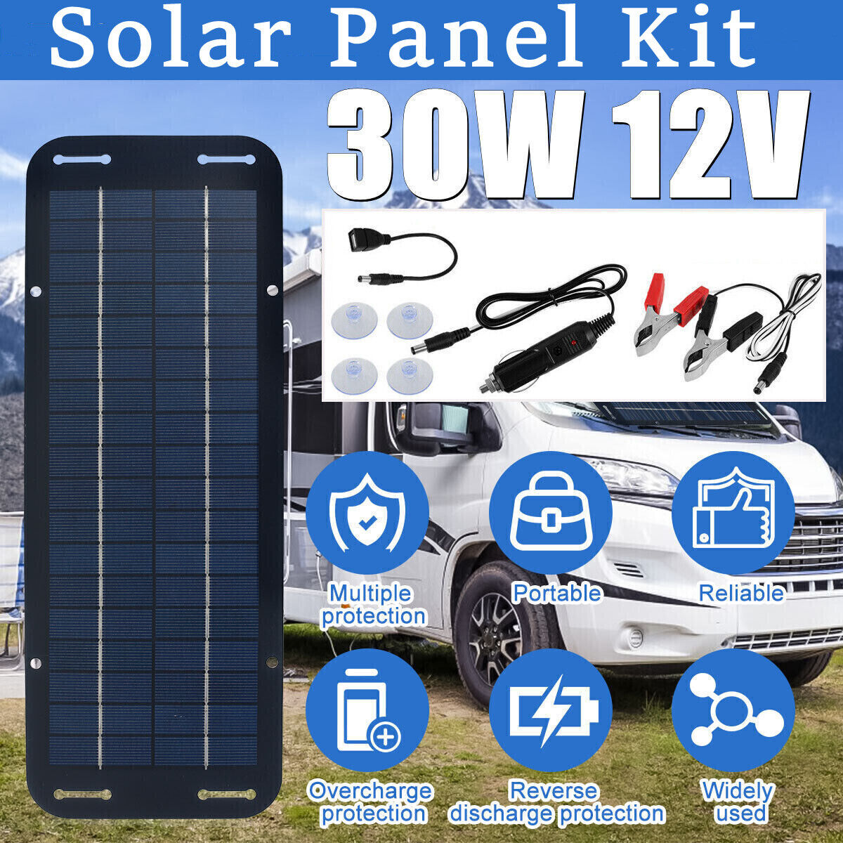 30W Solar Panel 12V Trickle Charger Battery Charger Kit Maintainer Boat Car RV