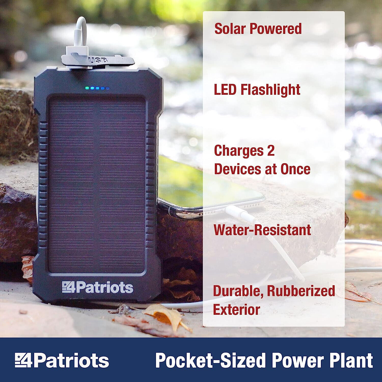 Genuine 4Patriots Power Cell USB Solar Charger New in Box-Re-Charges in Sun!