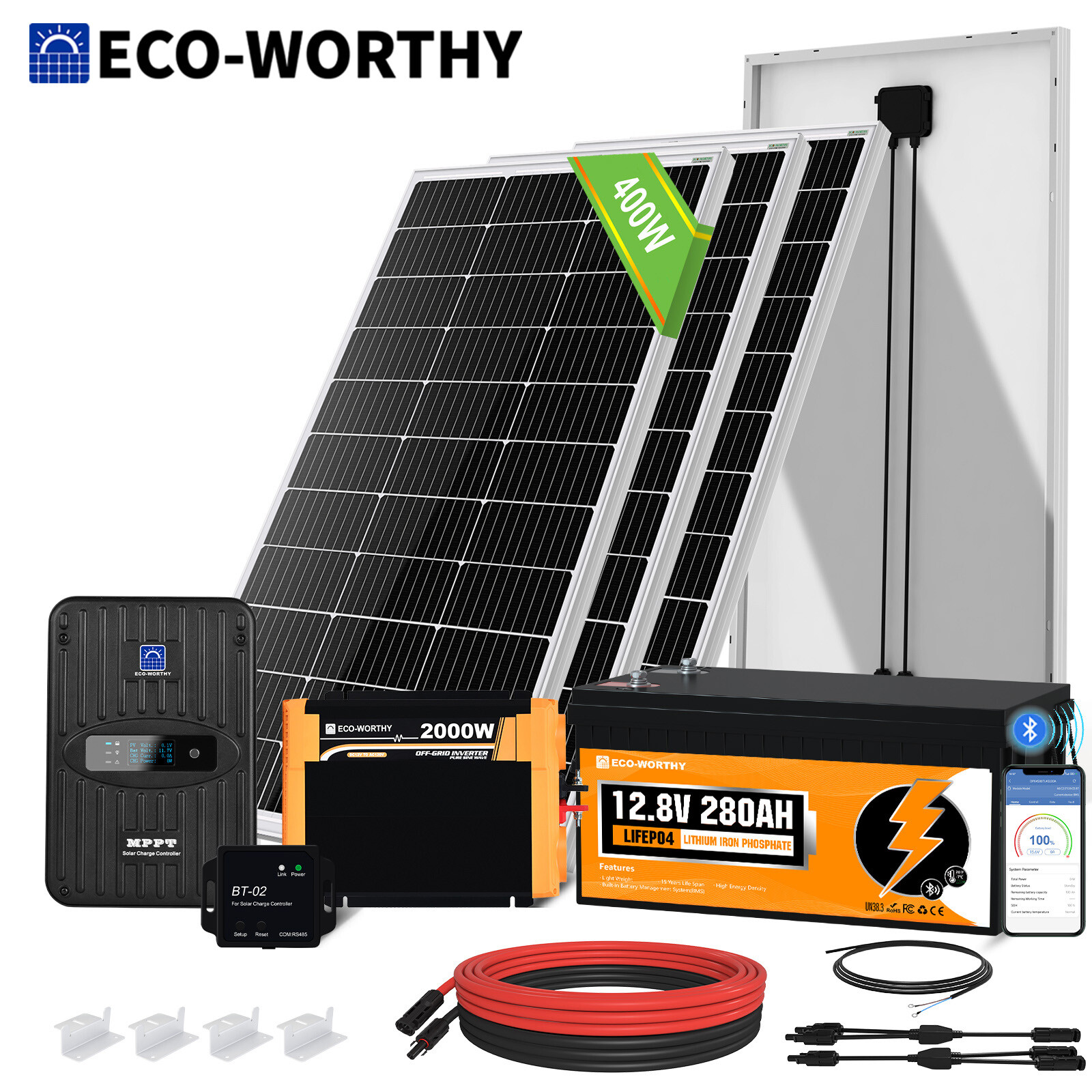 ECO-WORTHY 3.5KWH Solar Panel Kit 400W 12V Off Grid RV 280ah Battery & Inverter