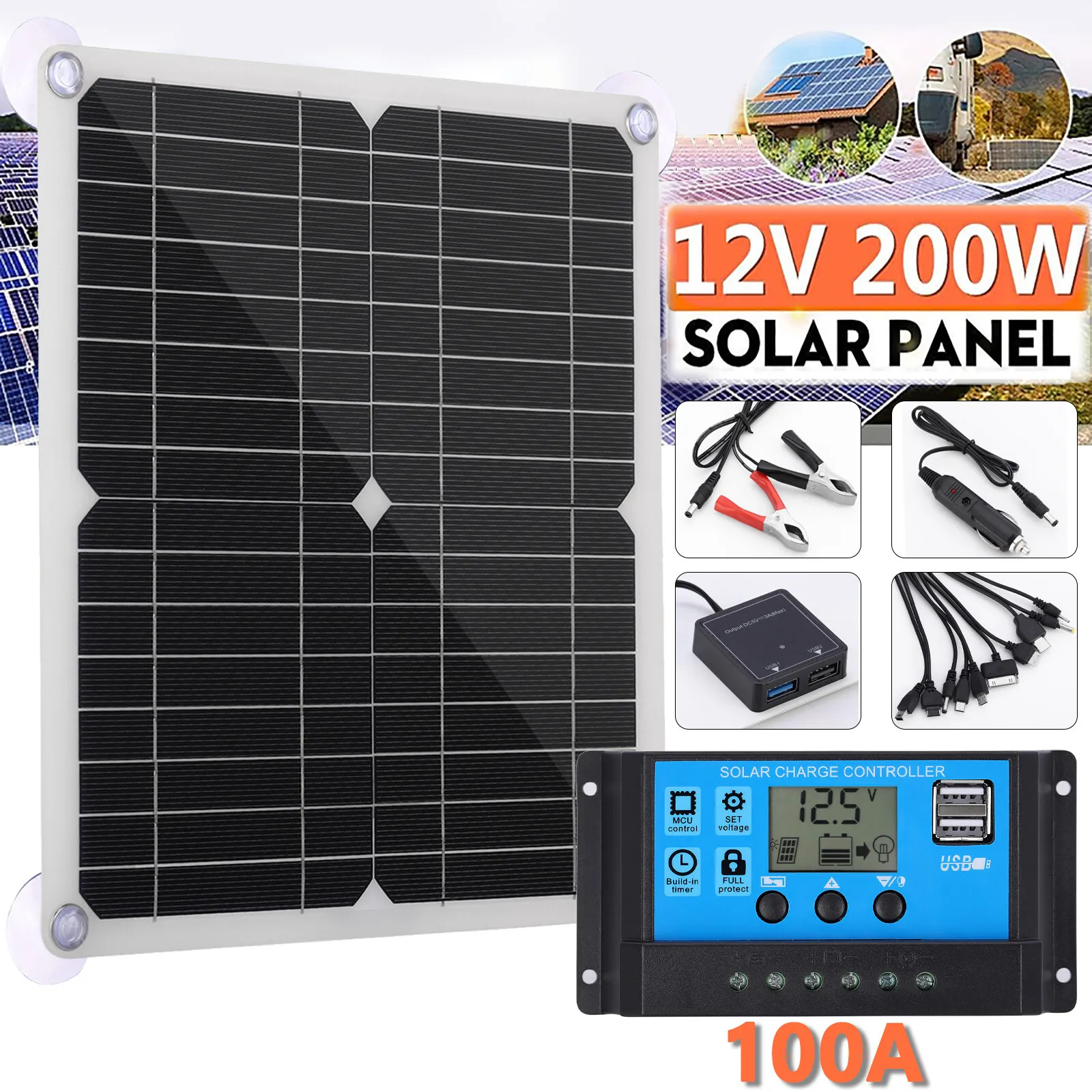 200 Watts Solar Panel Kit 100A 12V Battery Charger with Controller Caravan Boat