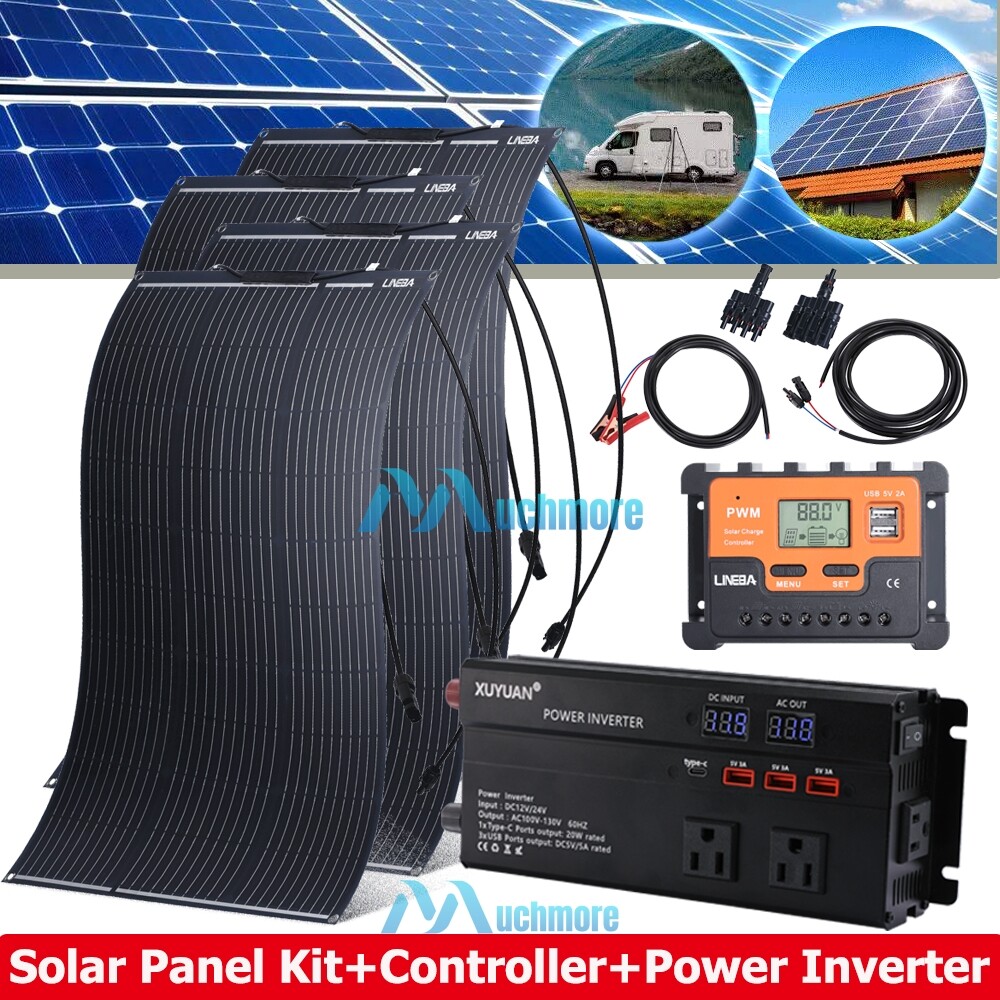 400W 12V Flexible Solar Panel Kit w/Controller & Inverter for RV Camping Rooftop