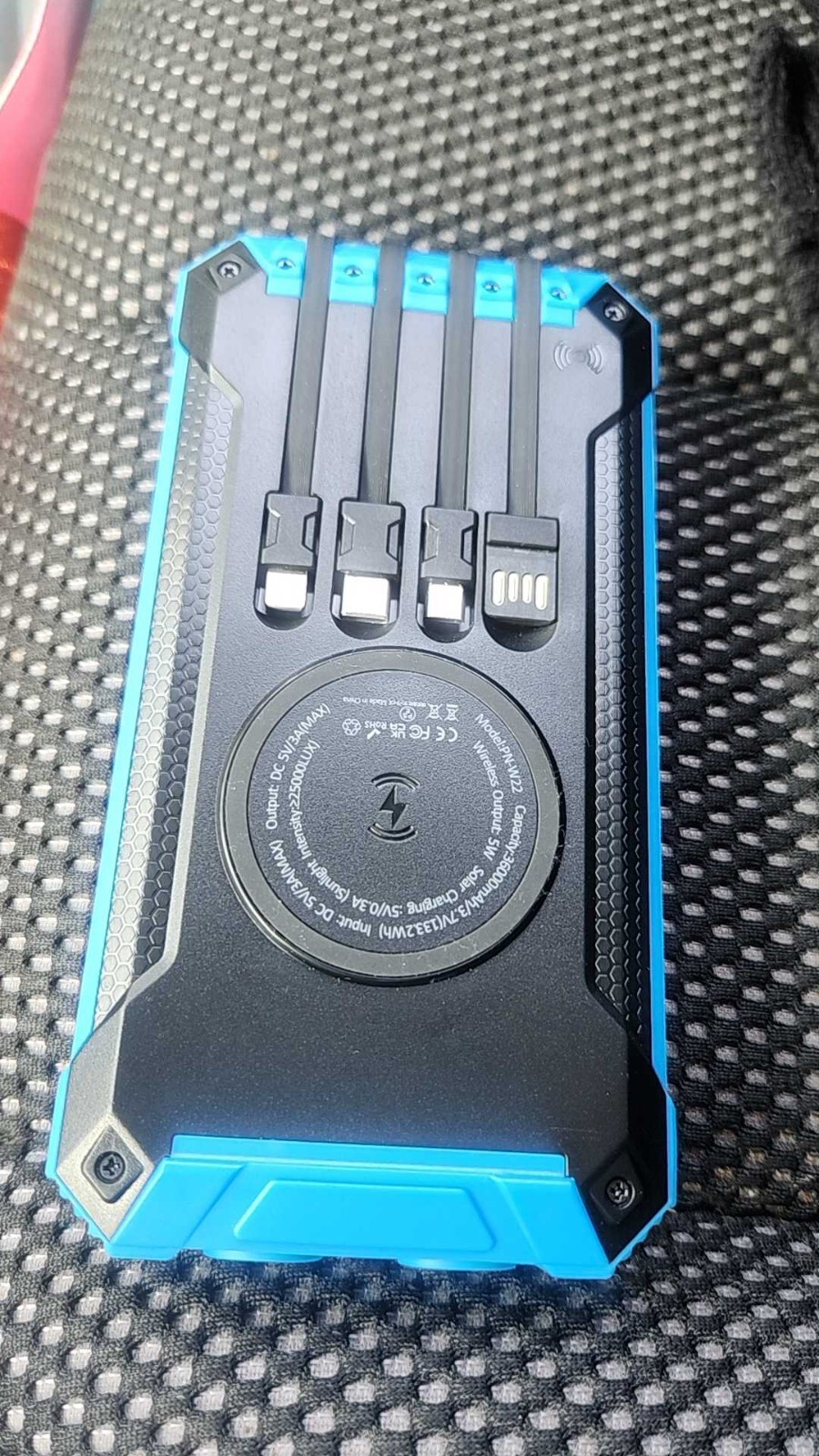 (Open Box) Blue Solar Power Bank 36000mAh Built-in 4 Cables Qi Wireless Charger