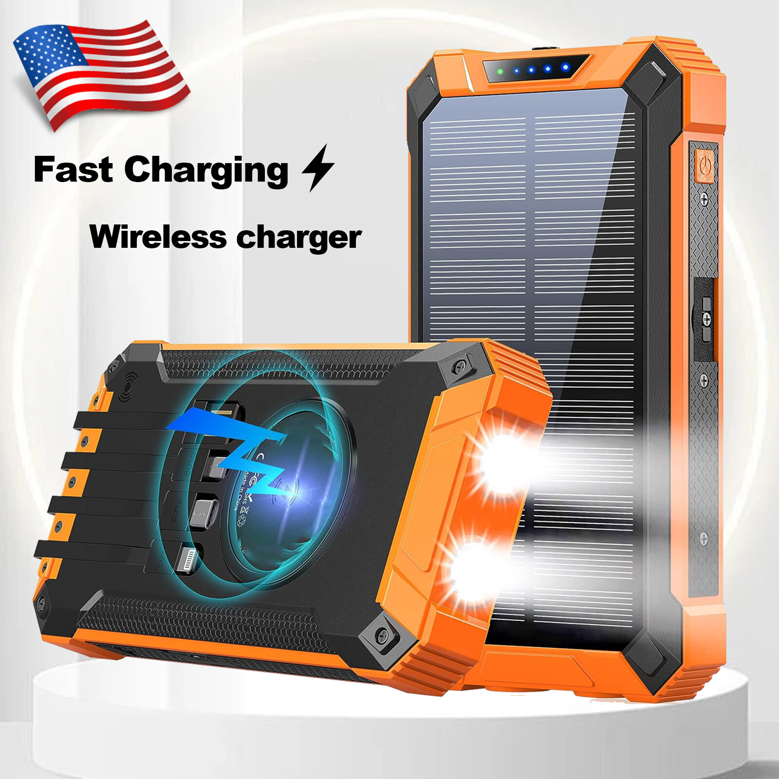 Solar Power Bank Wireless Charger 36000mAh Built in 4USB Cables Fast Charging