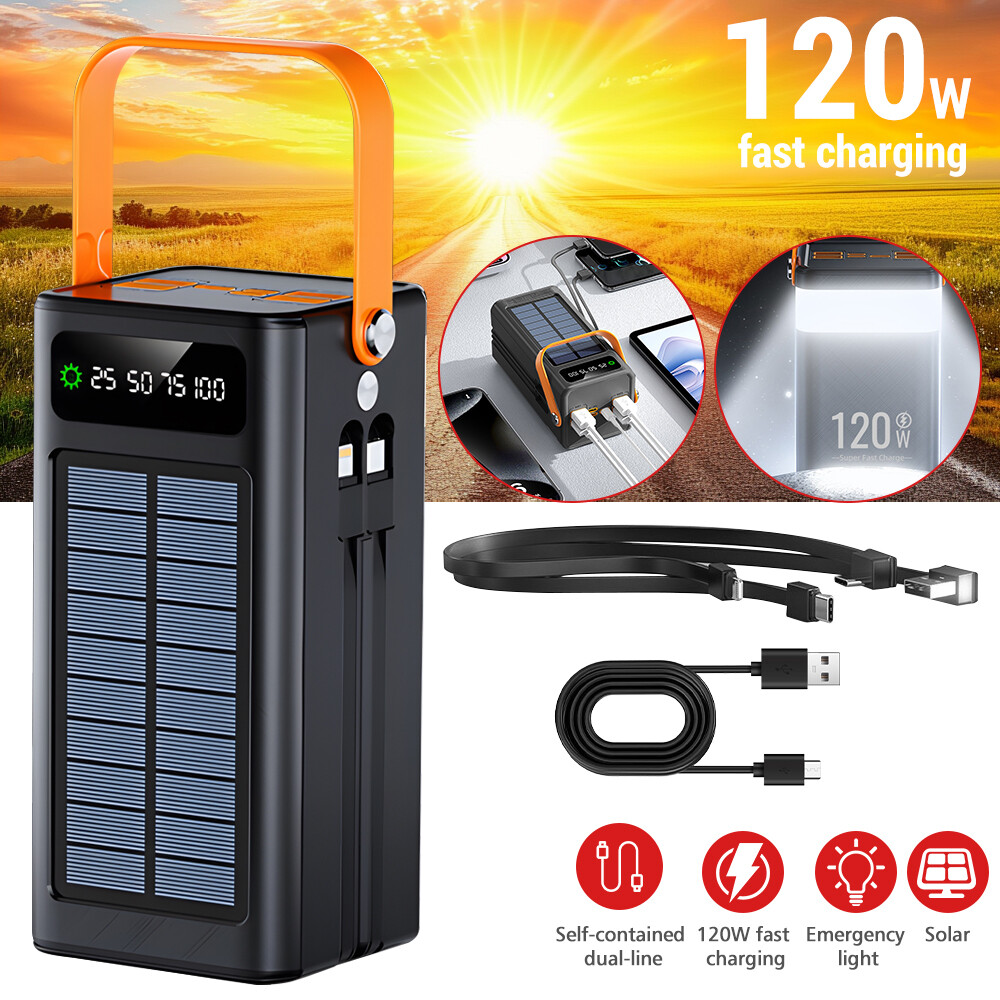 70000mAh Solar Power Bank 120W Portable Fast Charging WIth 4 Cable & LED Light