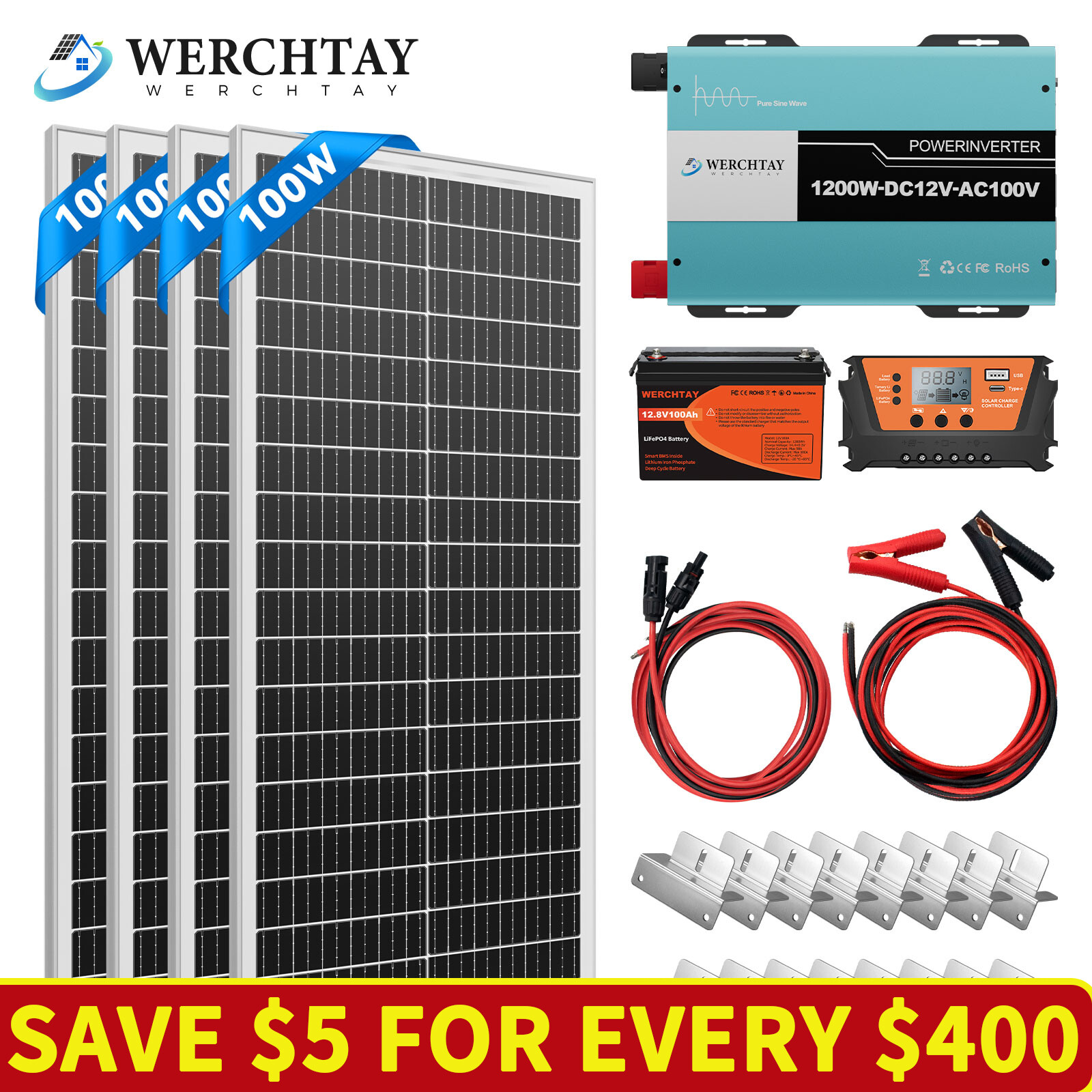 400W Watt 12v Mono Solar Panel kit RV  12V Off Grid RV with Battery and Inverter
