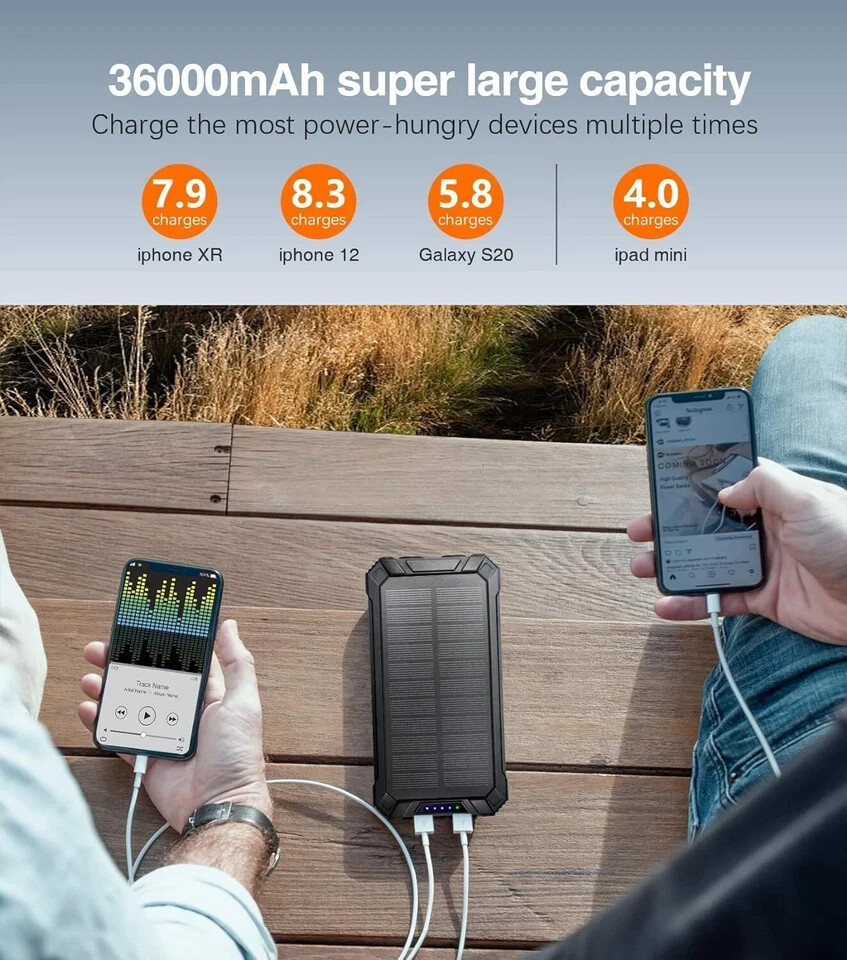 Super Solar Power Bank Wireless Charger 36000mAh Built in 4 Cables & Flashlight