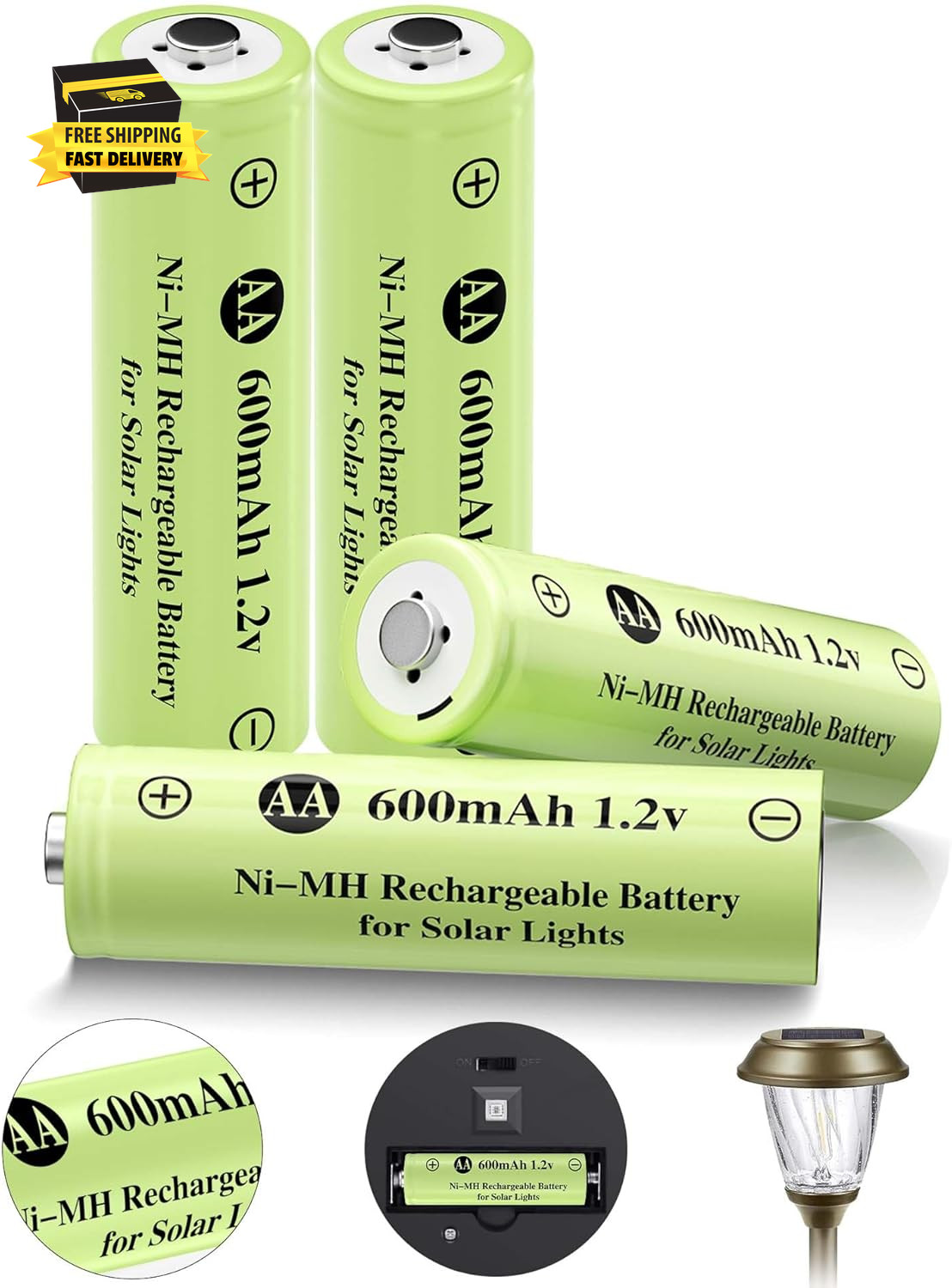 Ni-Mh Rechargeable AA Batteries, AA 600Mah 1.2V Solar Batteries for Garden Lands