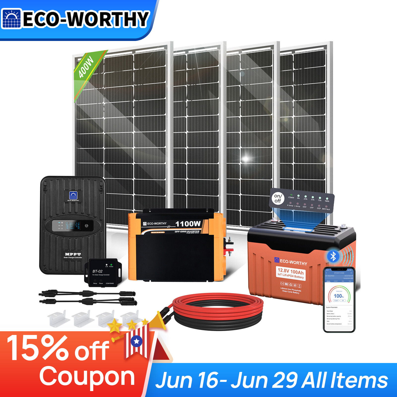 ECO-WORTHY 1.8KWH Solar Panel Kit 400W 12V Off Grid RV with Battery and Inverter