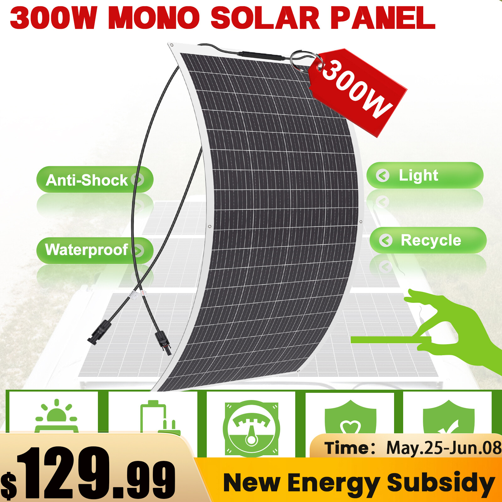 300W Flexible Solar Panel Mono 12V Portable Power Camping Home RV Battery Charge
