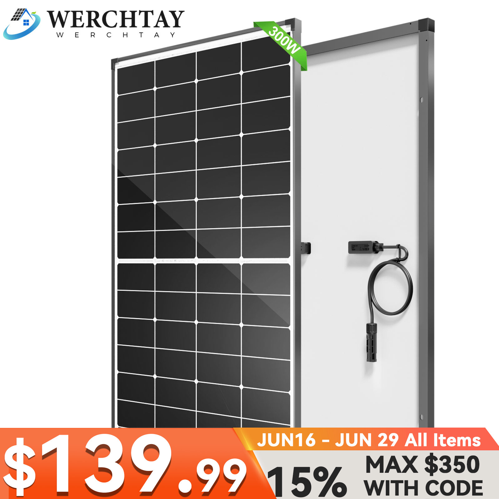 300W Watt Monocrystalline Solar Panel 12V Charging RV Camping Home Off-Grid Boat