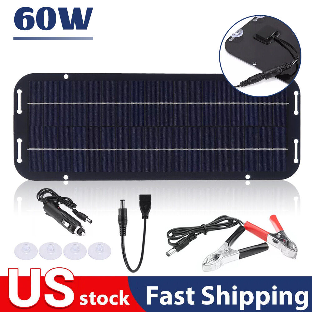 60W Solar Panel 12V Trickle Charger Battery Charger Kits Maintainer Boat Car RV