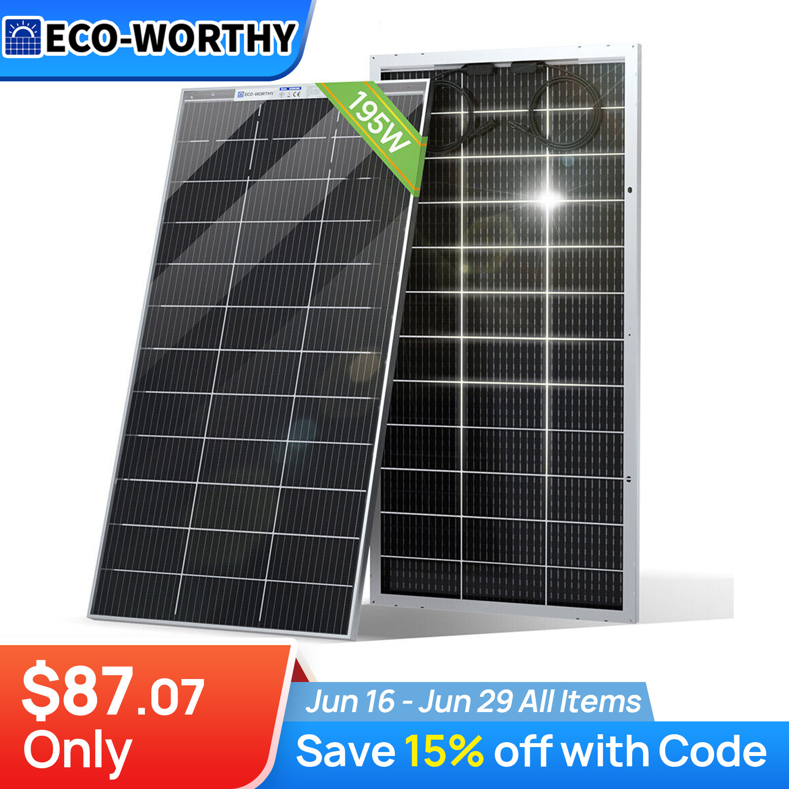 ECO-WORTHY Bifacial 195W Watt 12V Solar Panel Mono HighEfficiency PV for Sunshed