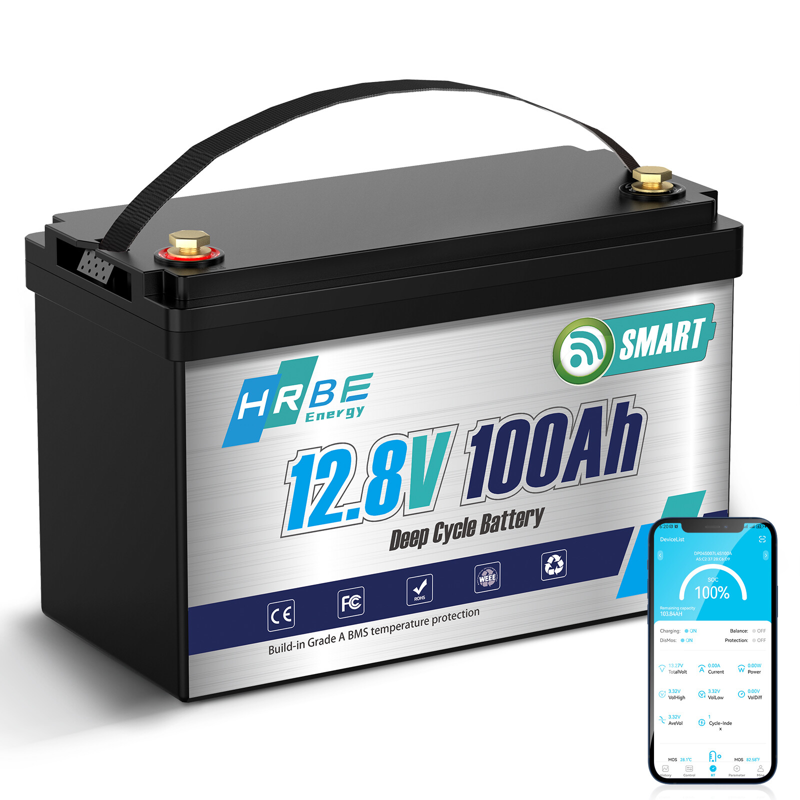 Bluetooth 12V 100Ah LiFePO4 Lithium Battery Deep Cycle 1280Wh for Solar Off-grid