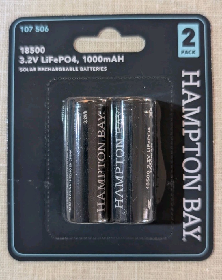 2x Hampton Bay Lithium Phosphate 1000mAh Solar Rechargeable 3.2V Batteries 18500