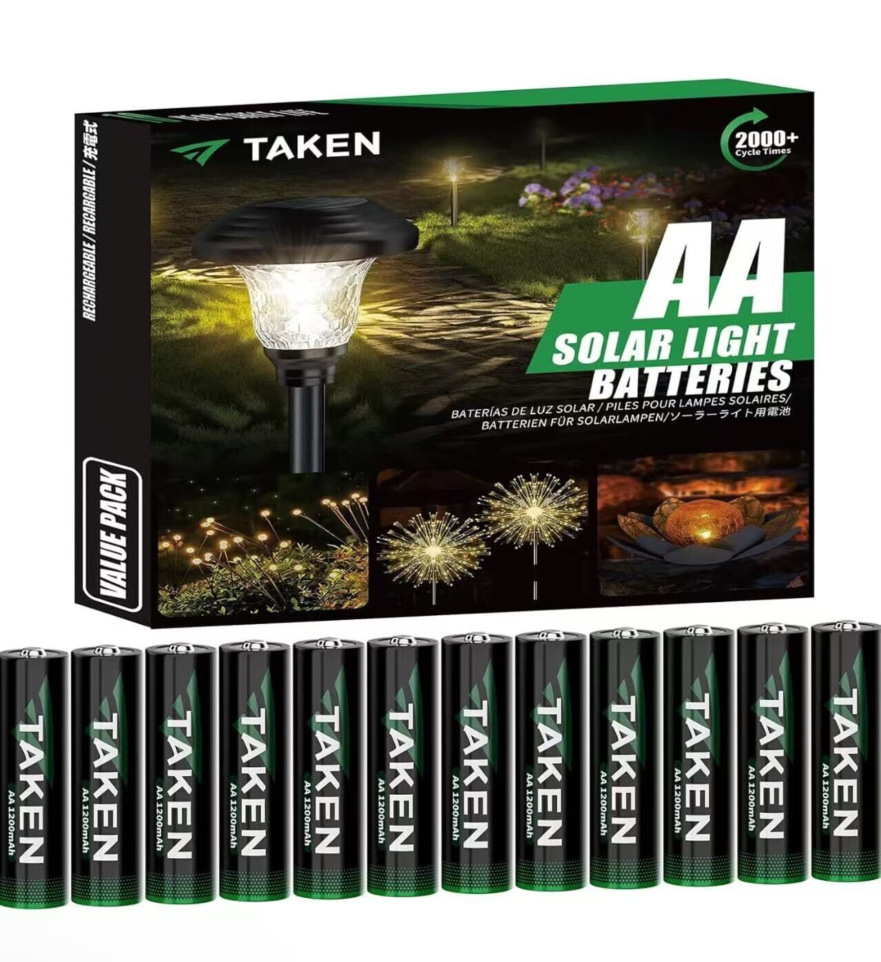 Taken AA Solar Batteries for Outdoor Solar Lights, 1.2V 1200mAh High-Capacity AA
