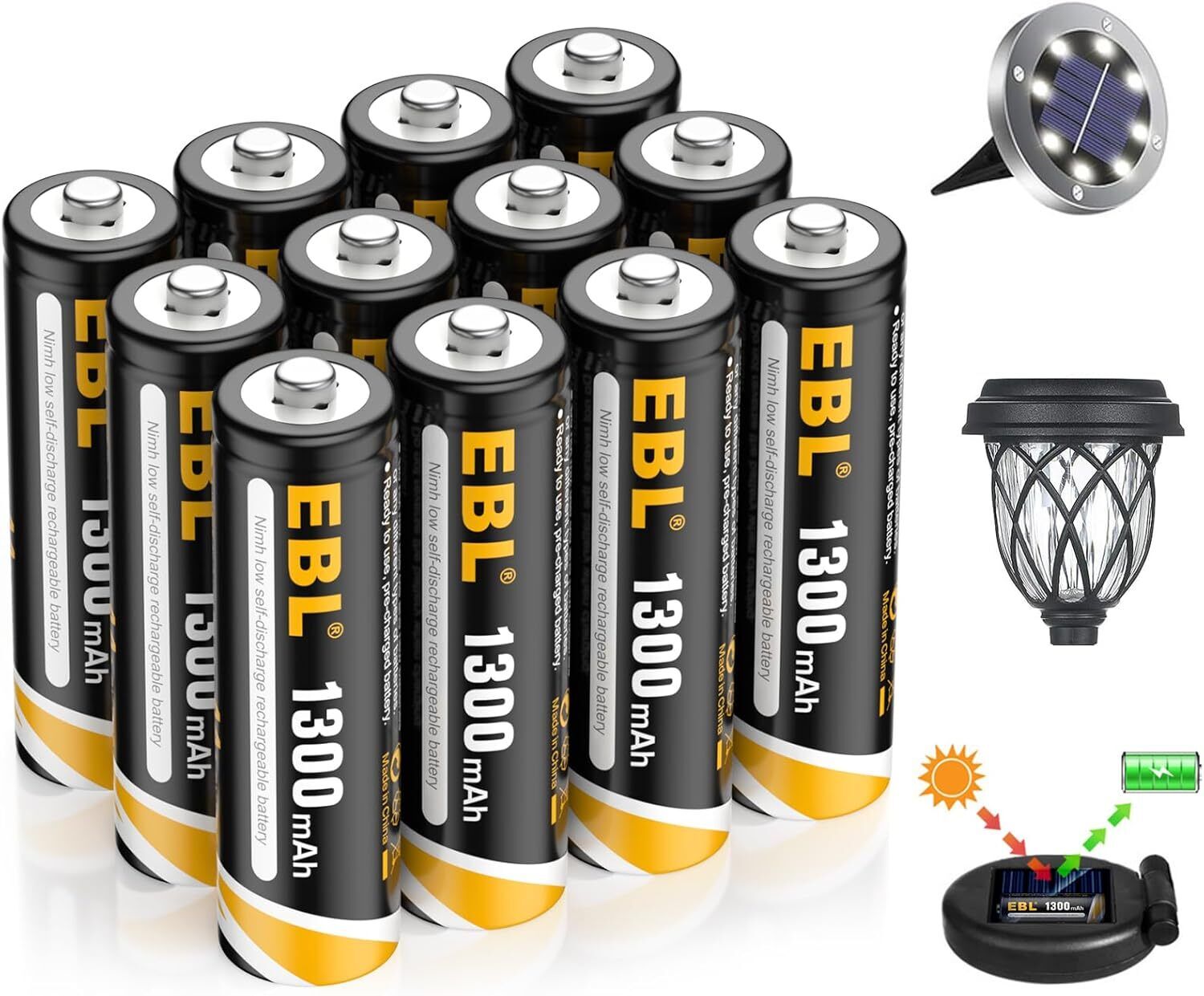 EBL Solar AA Battery Rechargeable Batteries for Outdoor Solar Lights, 1300mAh