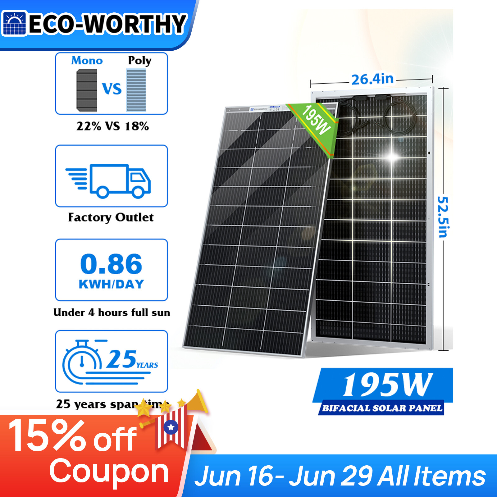 ECO-WORTHY 100W 200W 400W 1000W Watt Bifacial Solar Panel Mono PV 12V Home RV