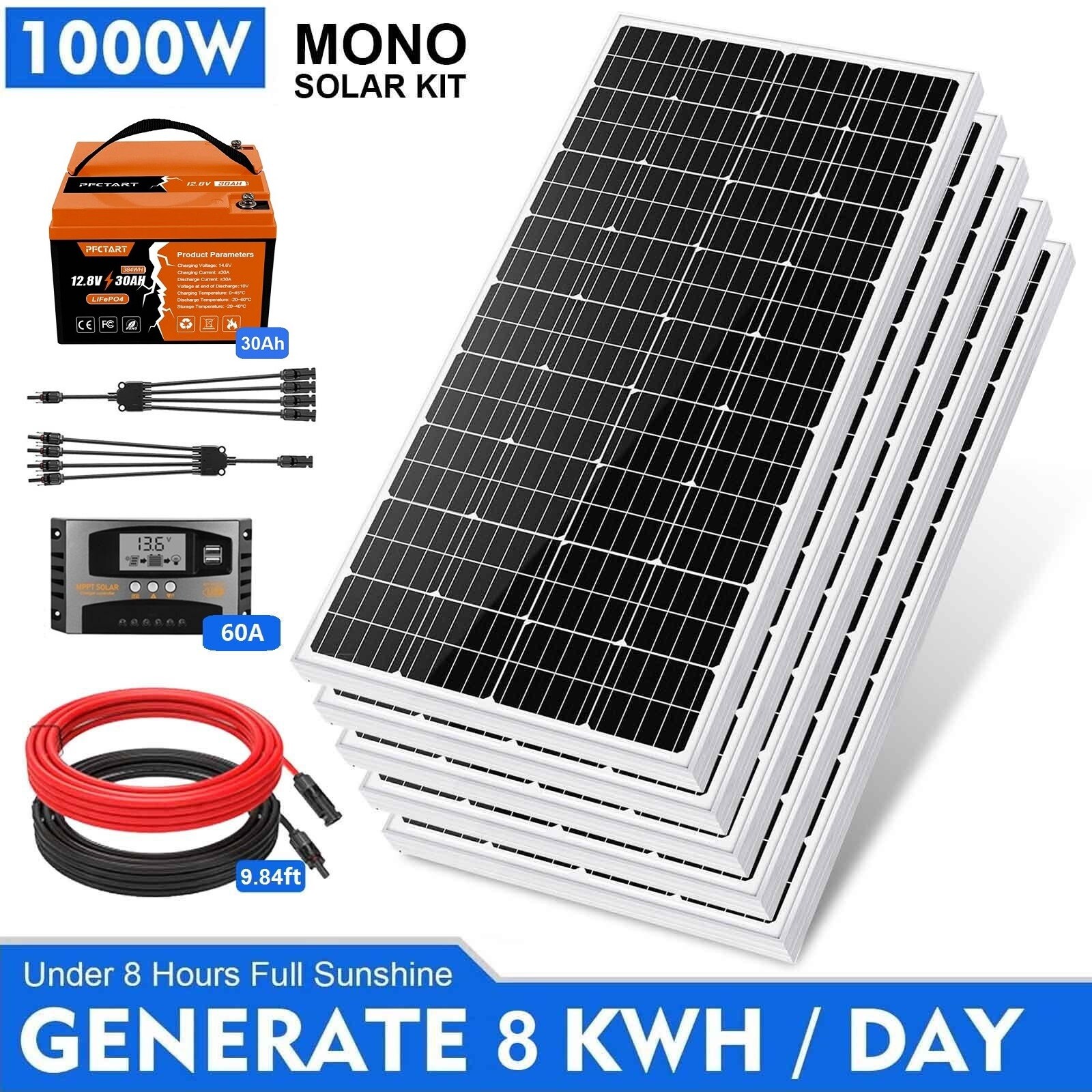 1000W Solar Panel Kit Premium Solar System 30AH LiFePO4 Battery for Home RV Boat