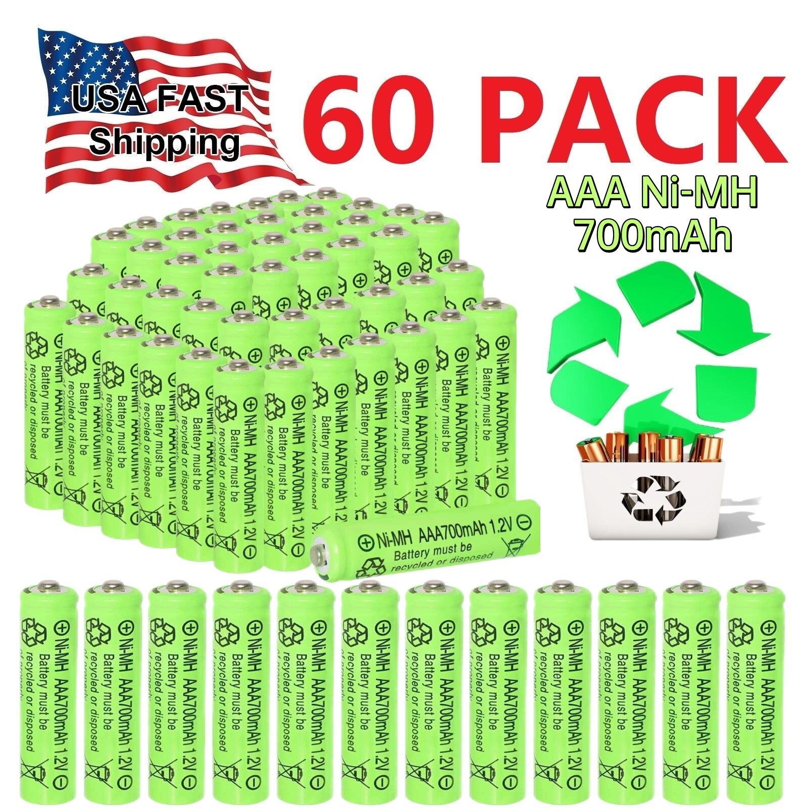 60 Pack Ni-MH AAA Rechargeable Battery 1.2V 700mAh Batteries for Solar LED Light