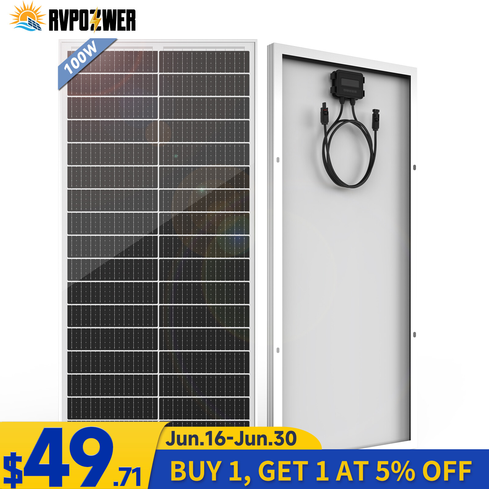 Rvpozwer 100W Watt 12v Monocrystalline Solar Panel 18BB Cell RV Home Off Grid US