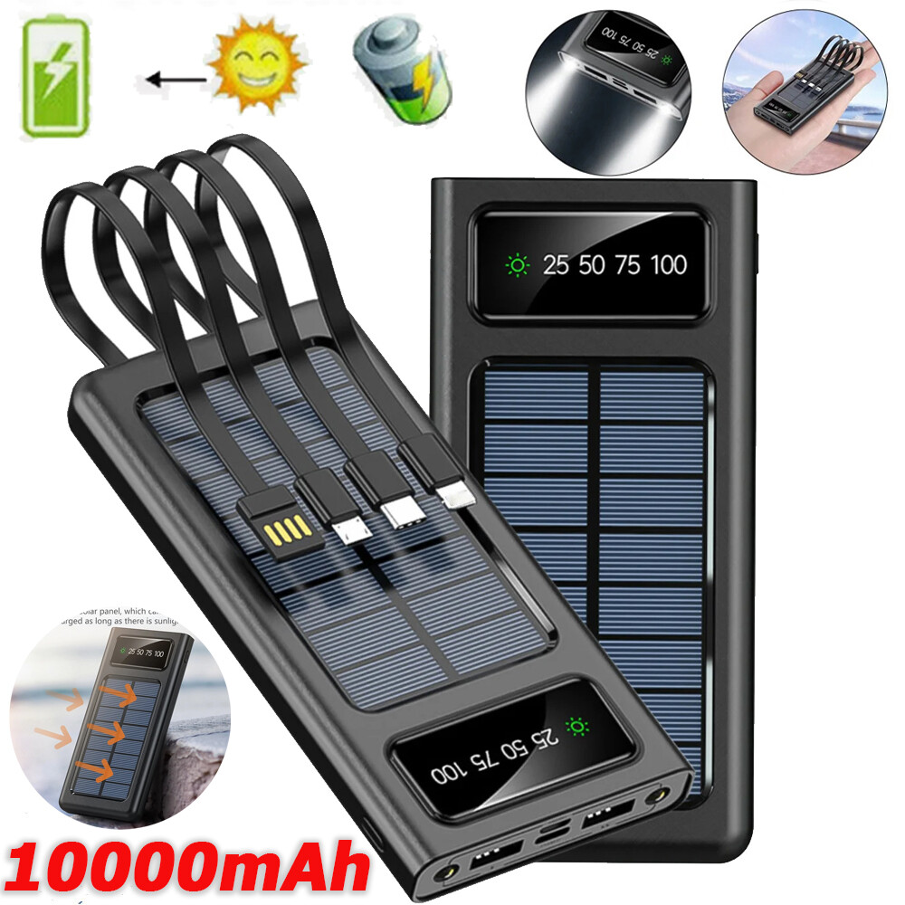 10000mAh LED Solar Power Bank 4 USB Black Portable Charger For Mobile Phone New
