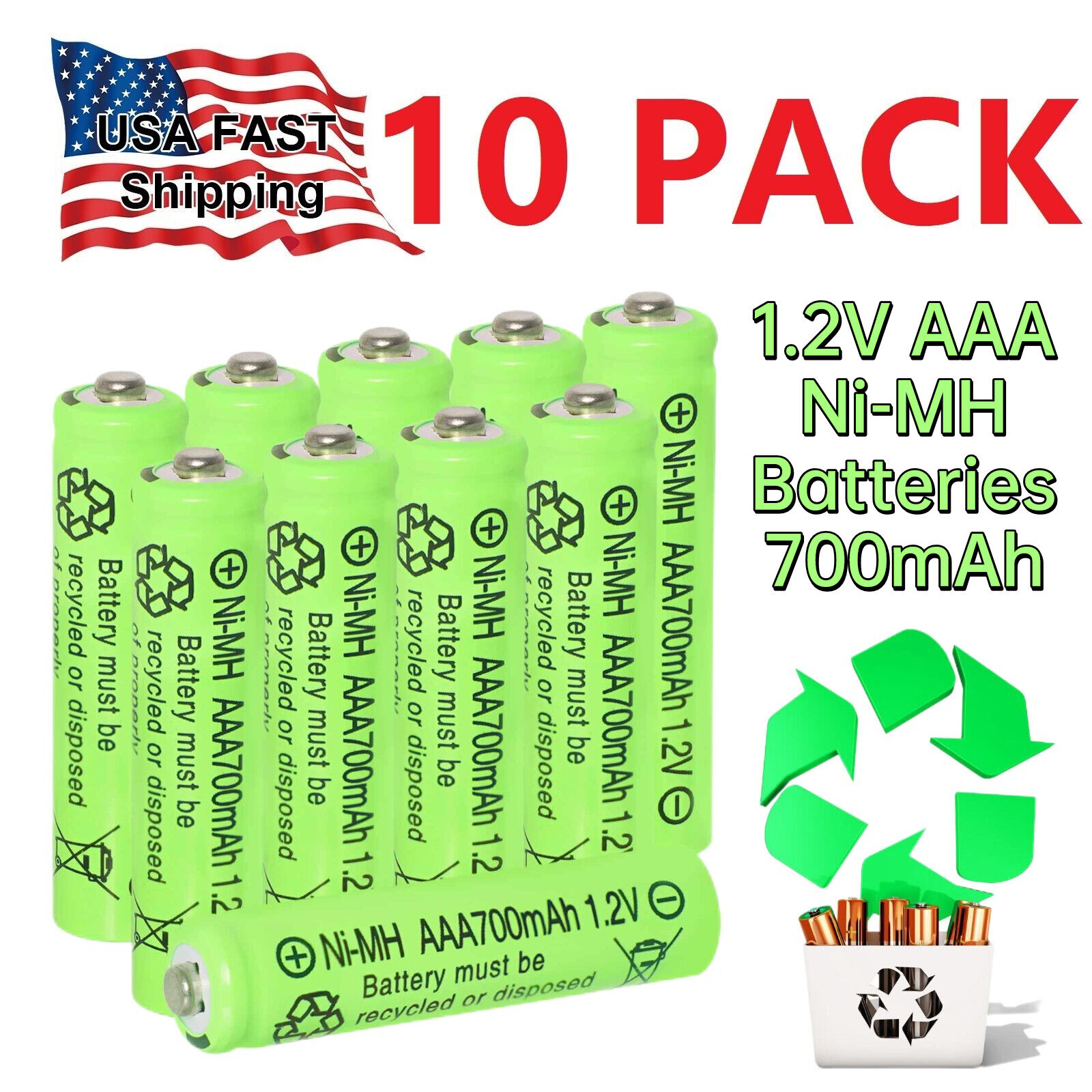 10Pcs AAA 700mAh Ni-MH 1.2V Rechargeable Batteries Cells for MP3 Toy Solar Light